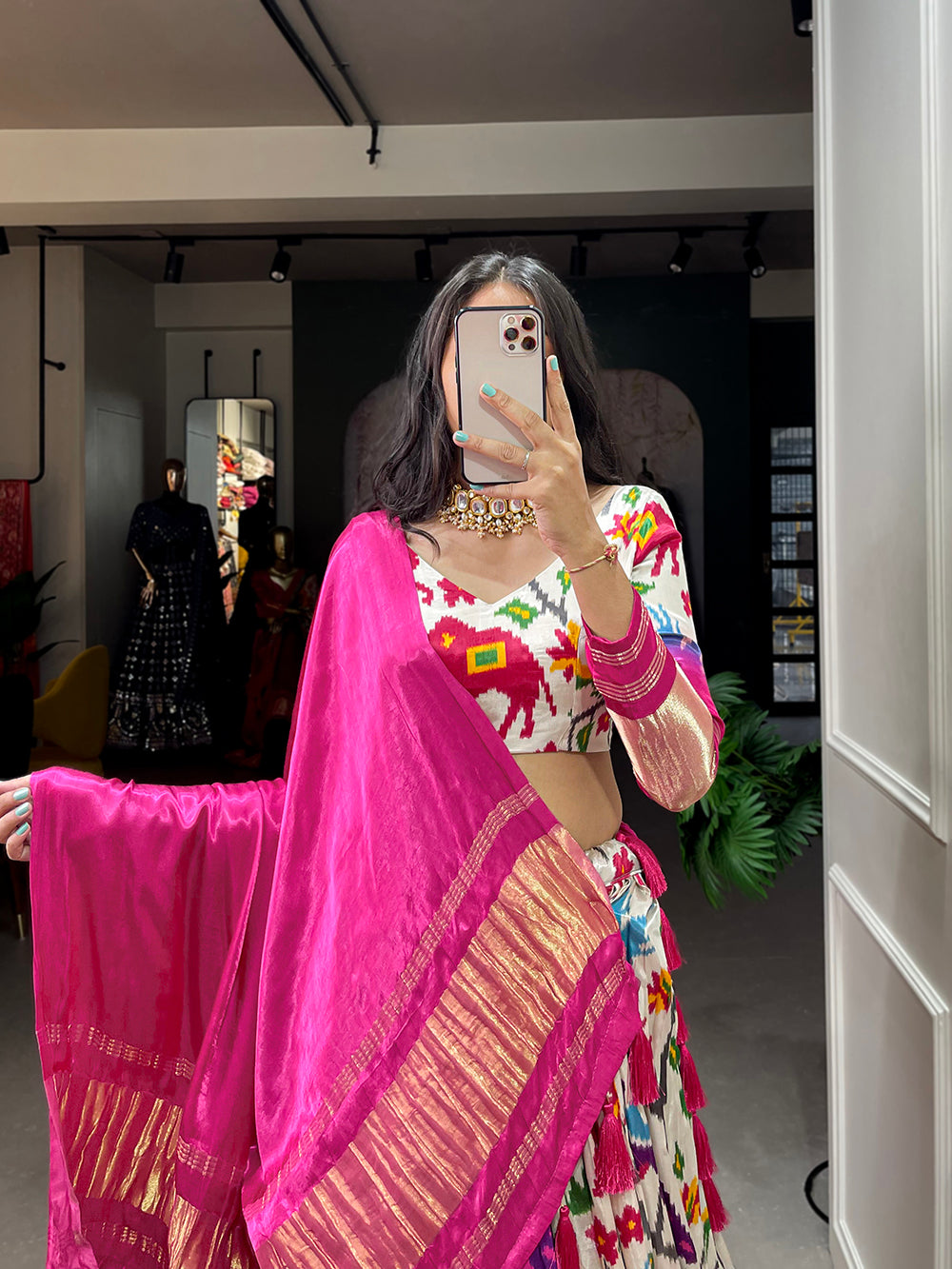 White Color Ikkat Patola Printed Gaji Silk Lehenga Choli