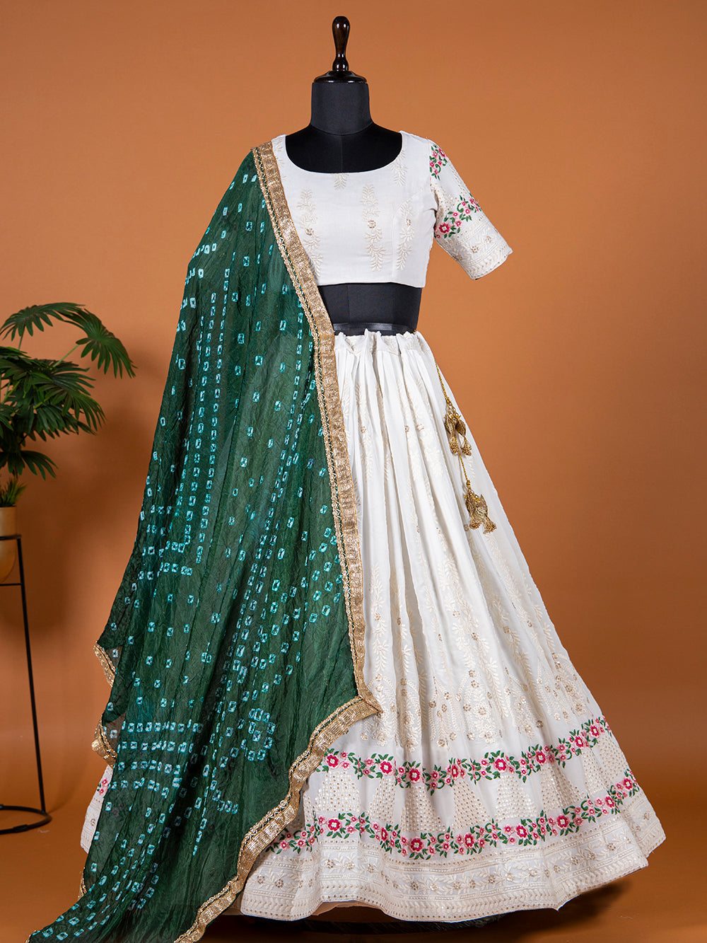 White Color Lucknowi Work Georgette Lehenga Choli With Green Bandhani Dupatta