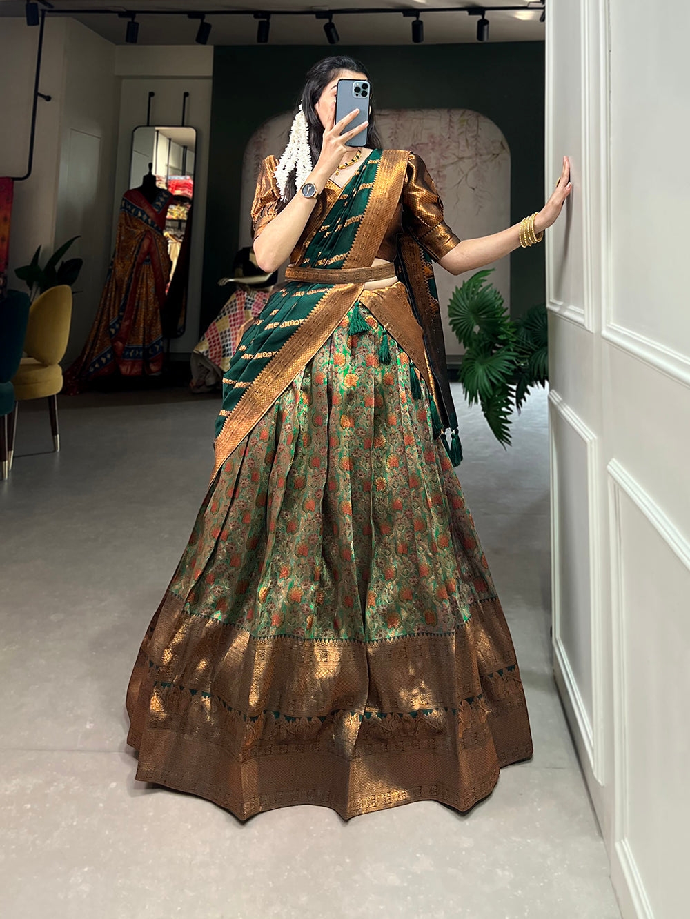 Green Color Zari Weaving Work Weaving Silk(Jacquard) Lehenga Choli