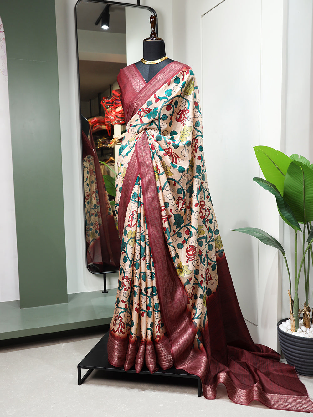 Maroon Color Printed With Zari Border Dola Silk Saree