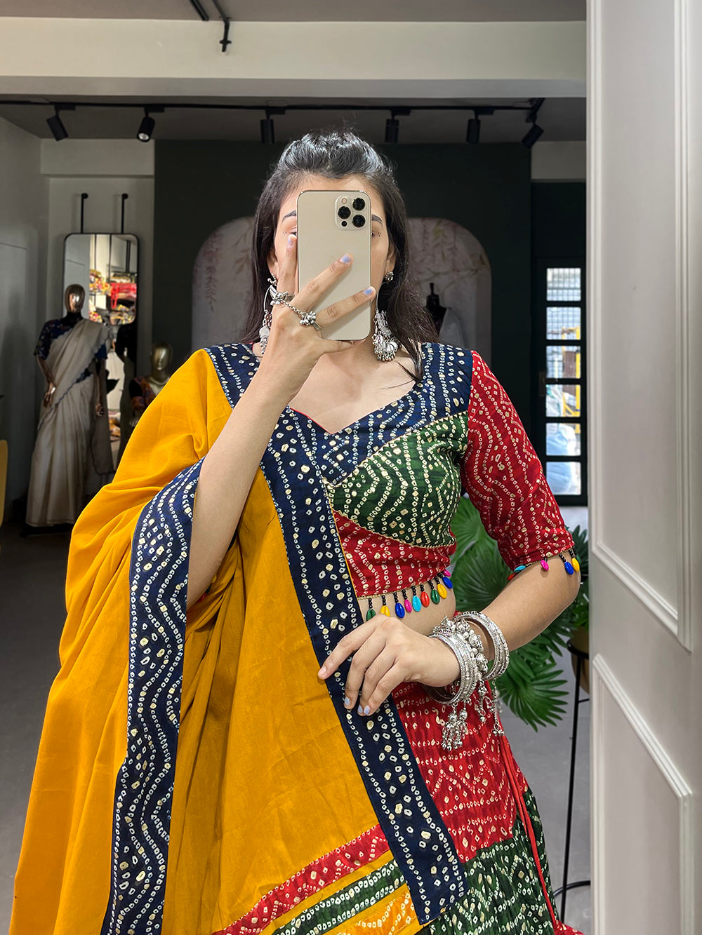 Multi Color Bandhej Printed With Foil Work Rayon Navratri Chaniya Choli