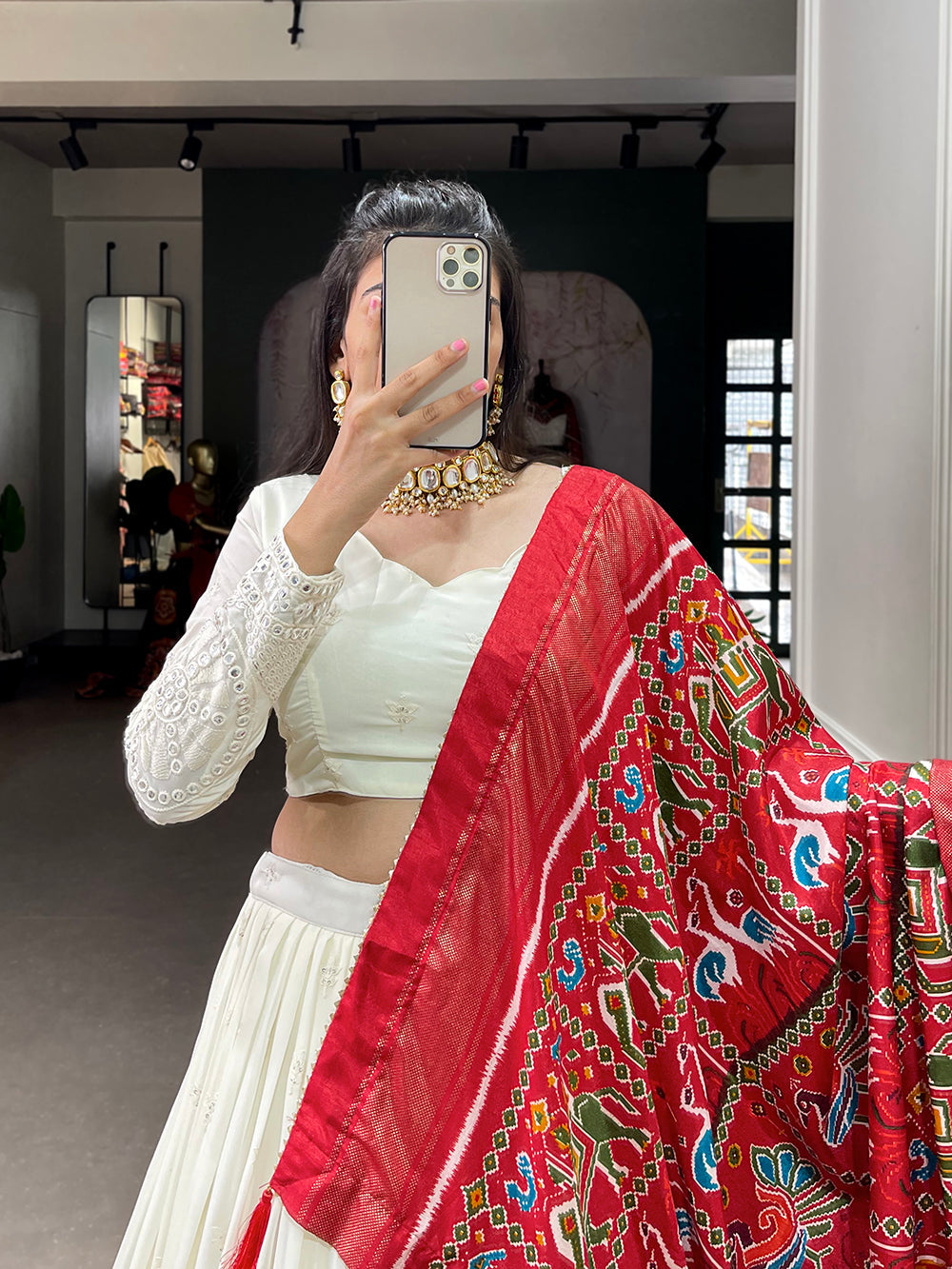 White Color Lucknowi Paper Mirror Work Georgette lehenga Choli