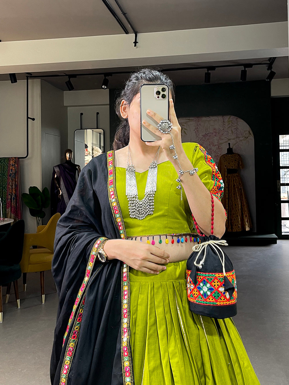 Parrot Color Gamthi Work With Paper Mirror Work Cotton Dandiya Choli