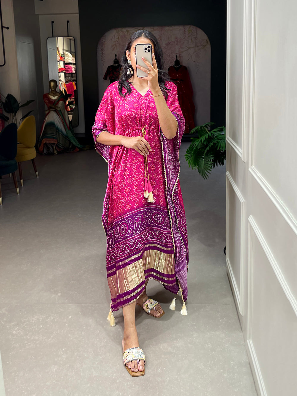 Pink Color Bandhej Printed Gaji Silk Kaftan