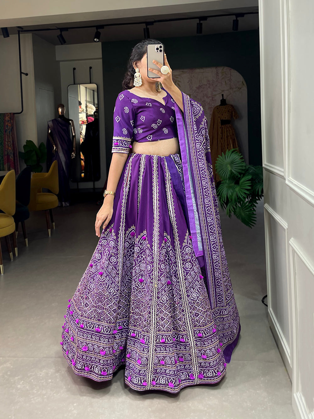 Purple Color Bandhej  Printed With Gota Patti Vaishali Silk Lehenga Choli