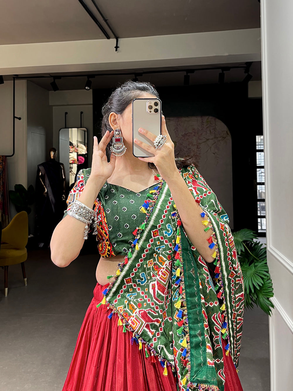 Red Color Patola Print With Gamthi Work And Mirror Work Dola Silk Lehenga  Choli