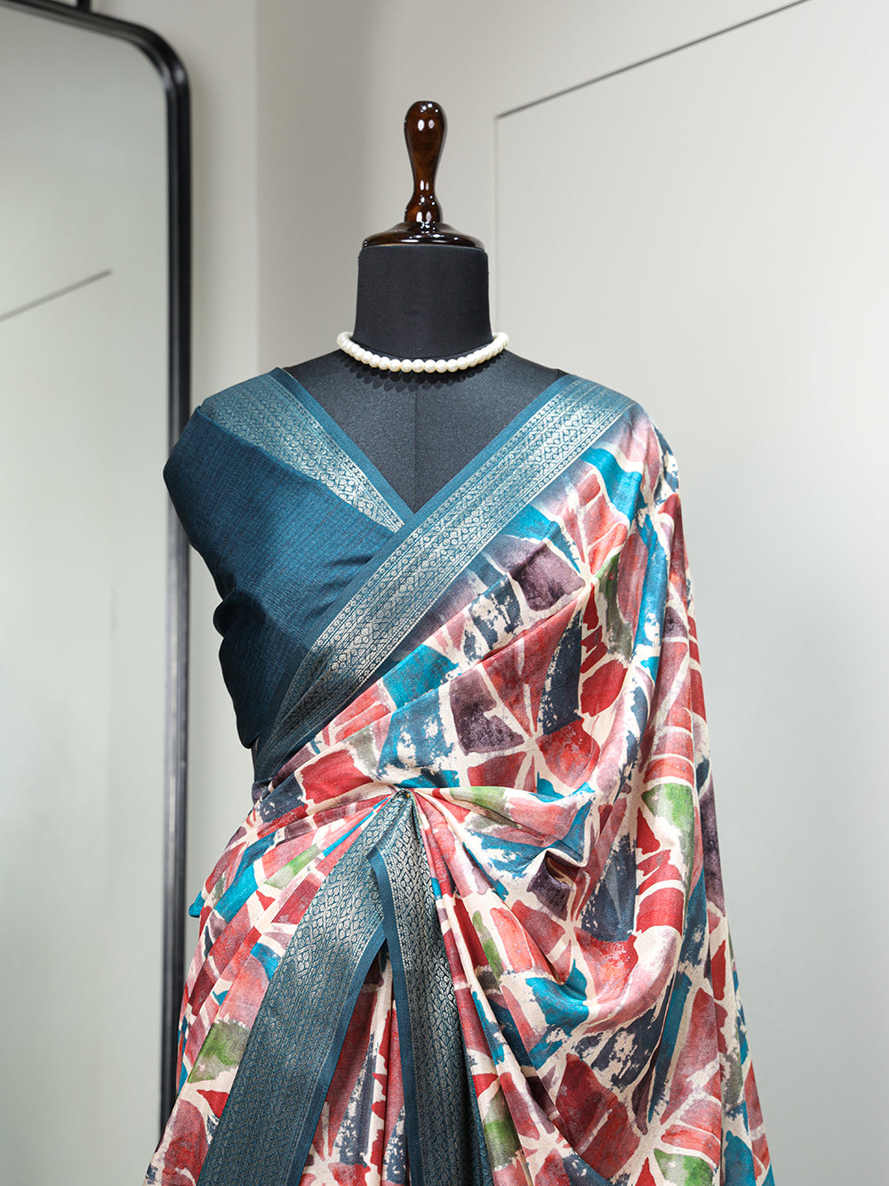 Teal Color Printed With Zari Border Dola Silk Saree