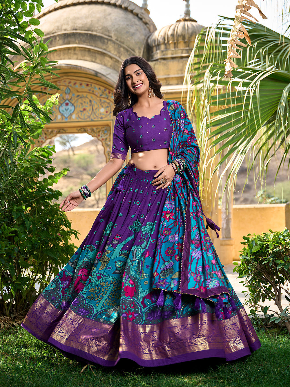 Purple color kalamkari print with foil work tasar silk lehenga choli