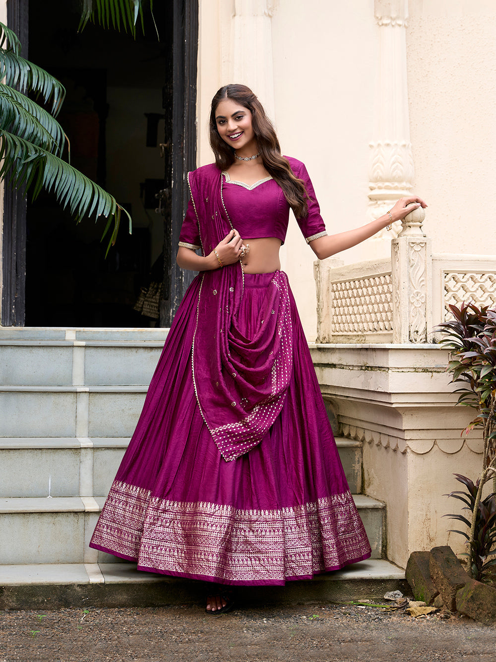 Wine chanderi silk lehenga choli with zari weaving matching dupatta