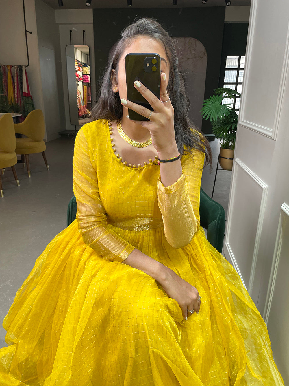 Yellow Color Zari Weaving Work Organza Chex Gown