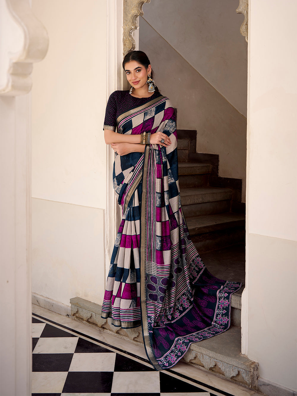 Navy blue viscose chanderi check print saree with temple lace border blouse piece
