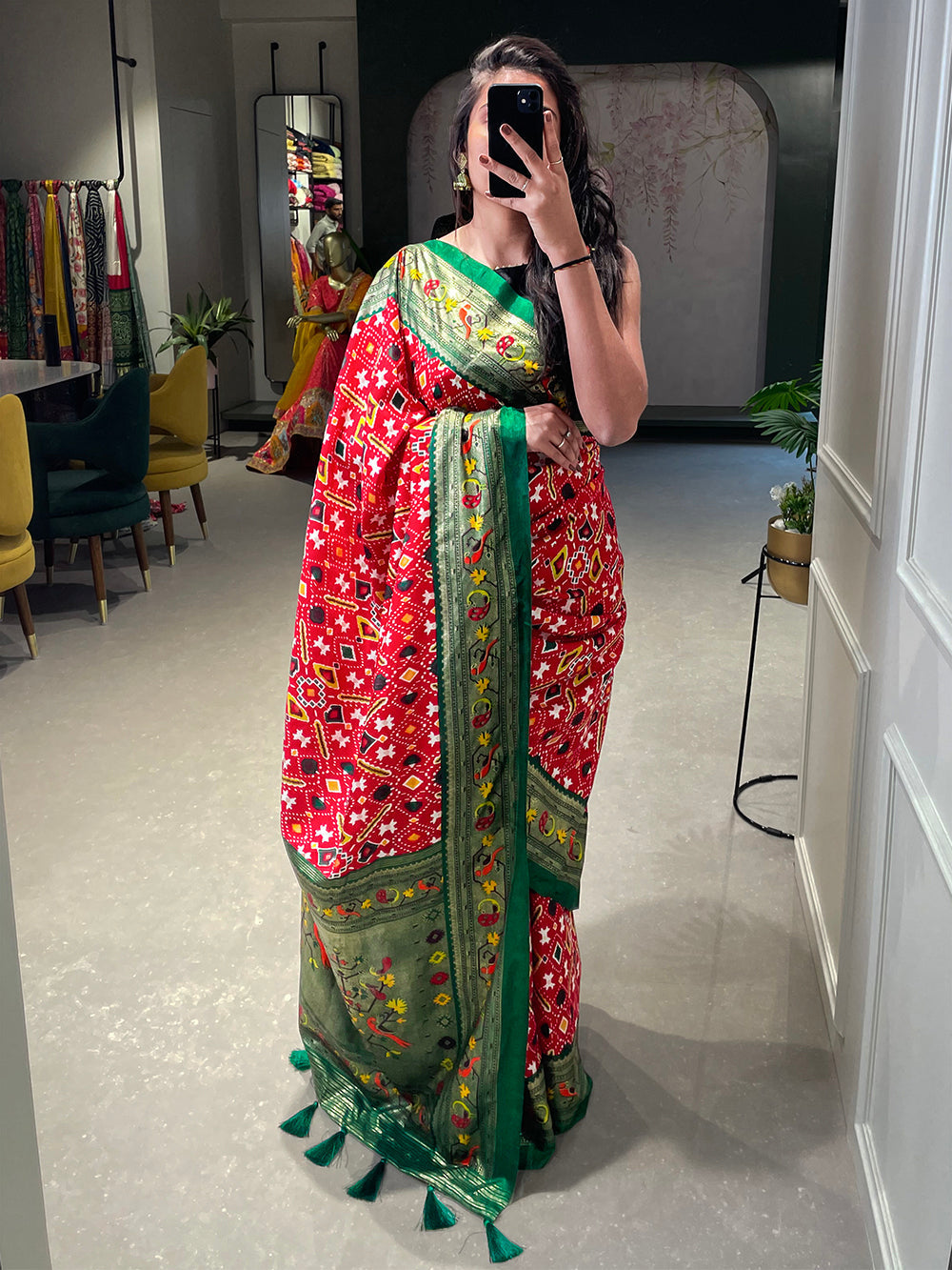 Red Color Patola Paithani Printed with Foil Work Dola Silk Saree