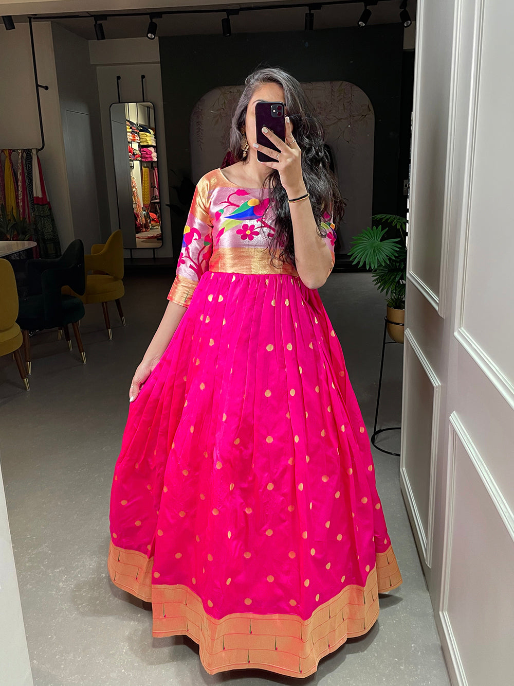 Pink Color Weaving Zari Work Jacquard Silk Paithani Gown