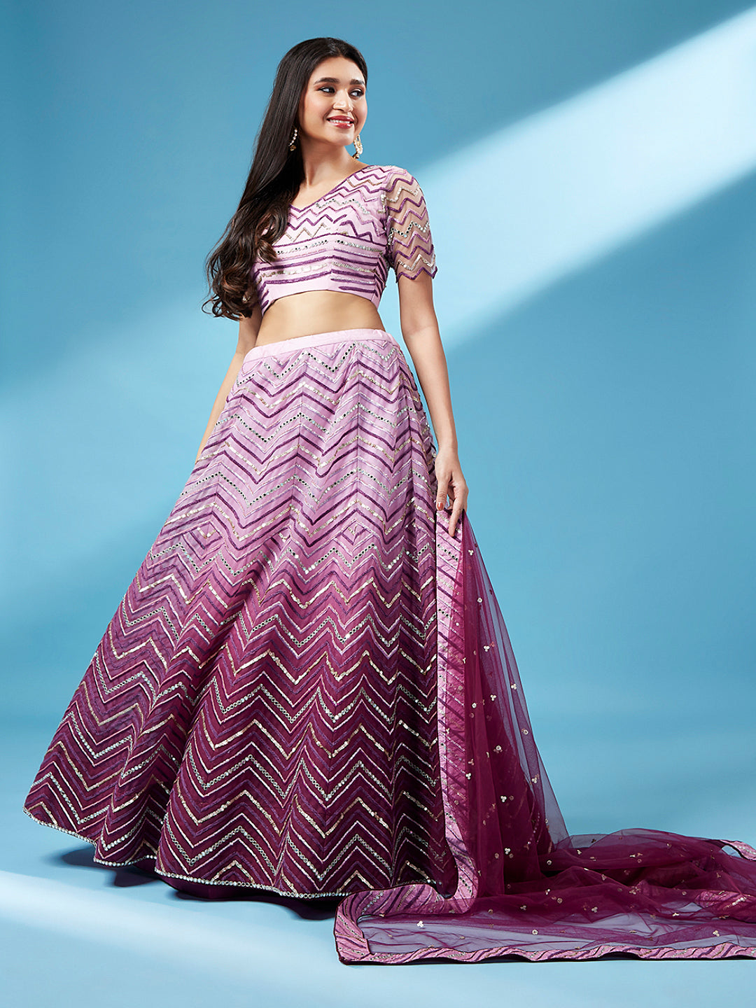Women Lavender Net Zig-Zag Embroidered Semi-Stitched Lehenga, Unstitched Blouse & Dupatta