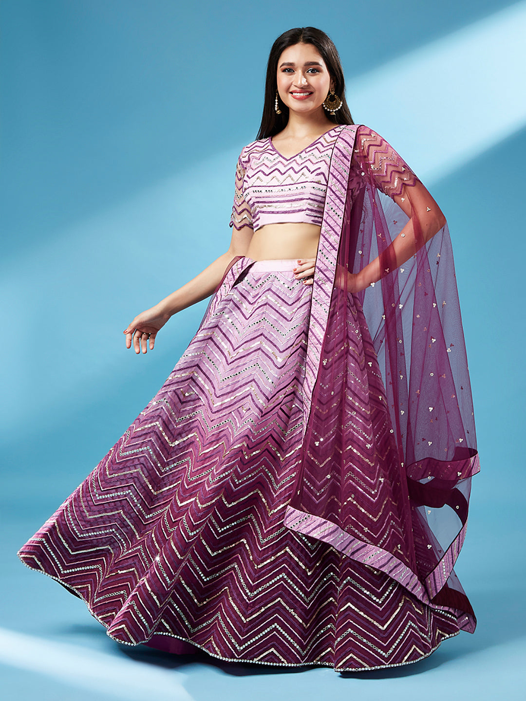 Women Lavender Net Zig-Zag Embroidered Semi-Stitched Lehenga, Unstitched Blouse & Dupatta