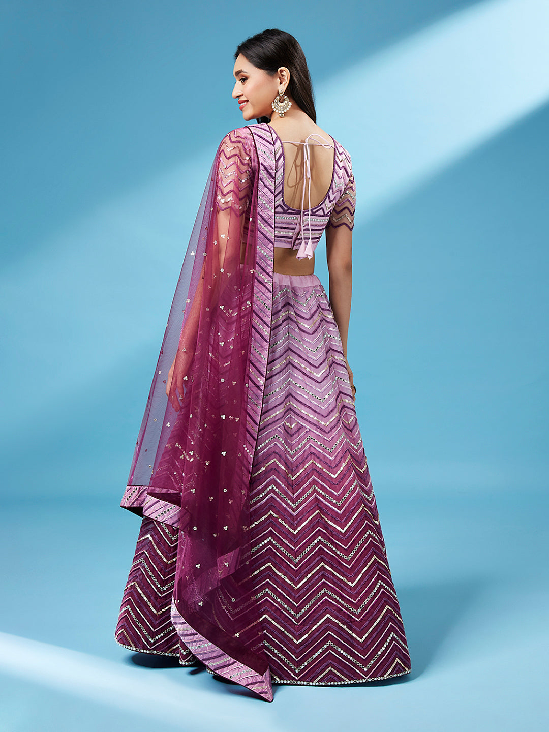 Women Lavender Net Zig-Zag Embroidered Semi-Stitched Lehenga, Unstitched Blouse & Dupatta