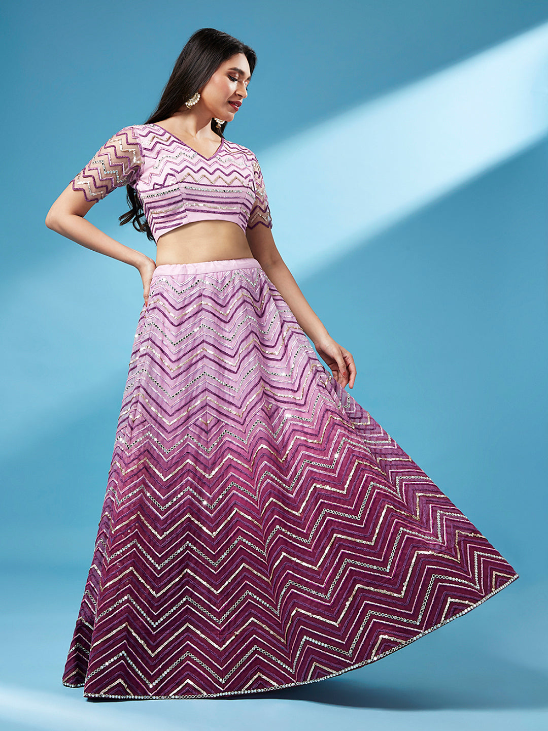 Women Lavender Net Zig-Zag Embroidered Semi-Stitched Lehenga, Unstitched Blouse & Dupatta