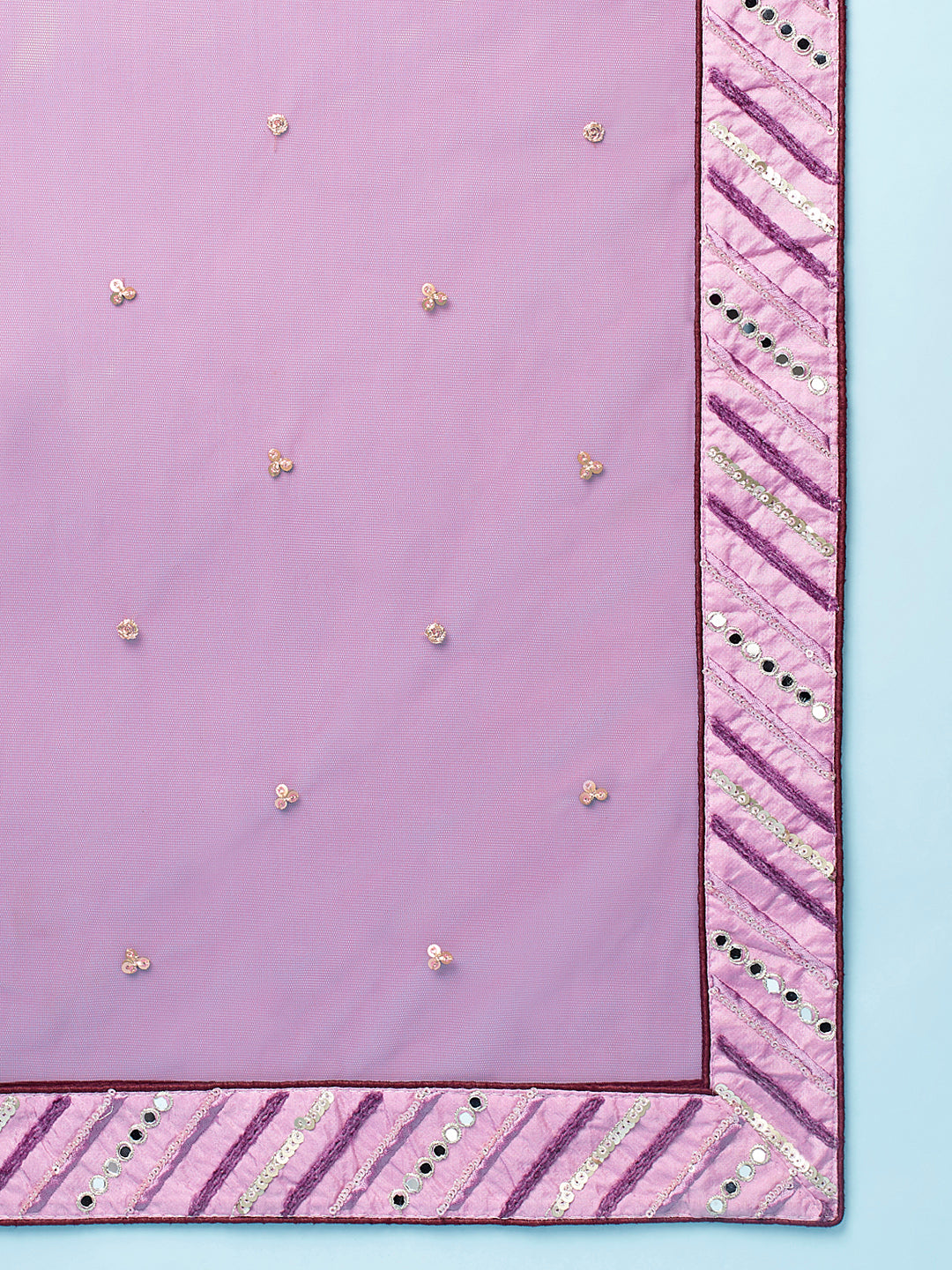 Women Lavender Net Zig-Zag Embroidered Semi-Stitched Lehenga, Unstitched Blouse & Dupatta