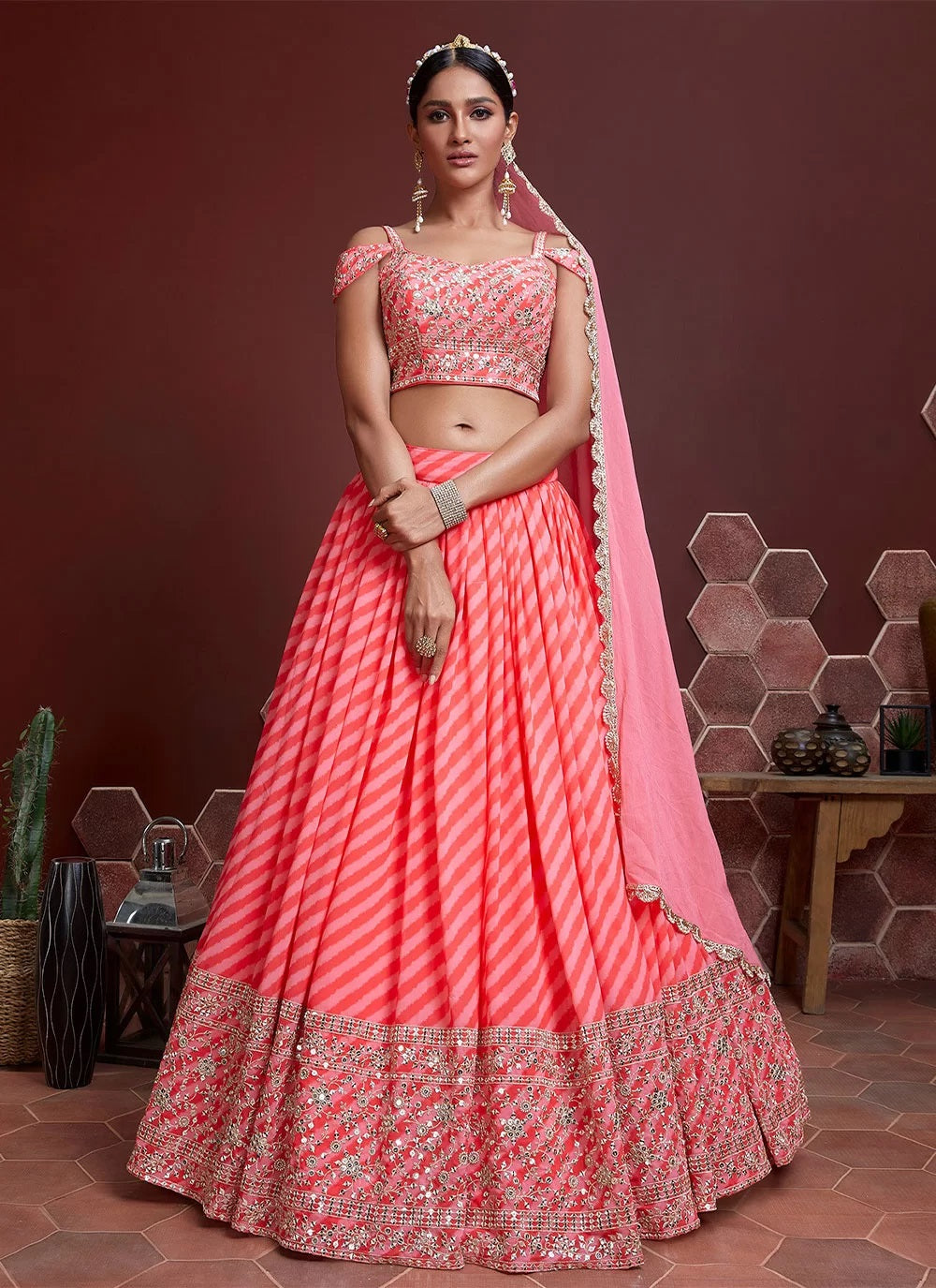 Women peach gold embellished semi stitched lehenga set