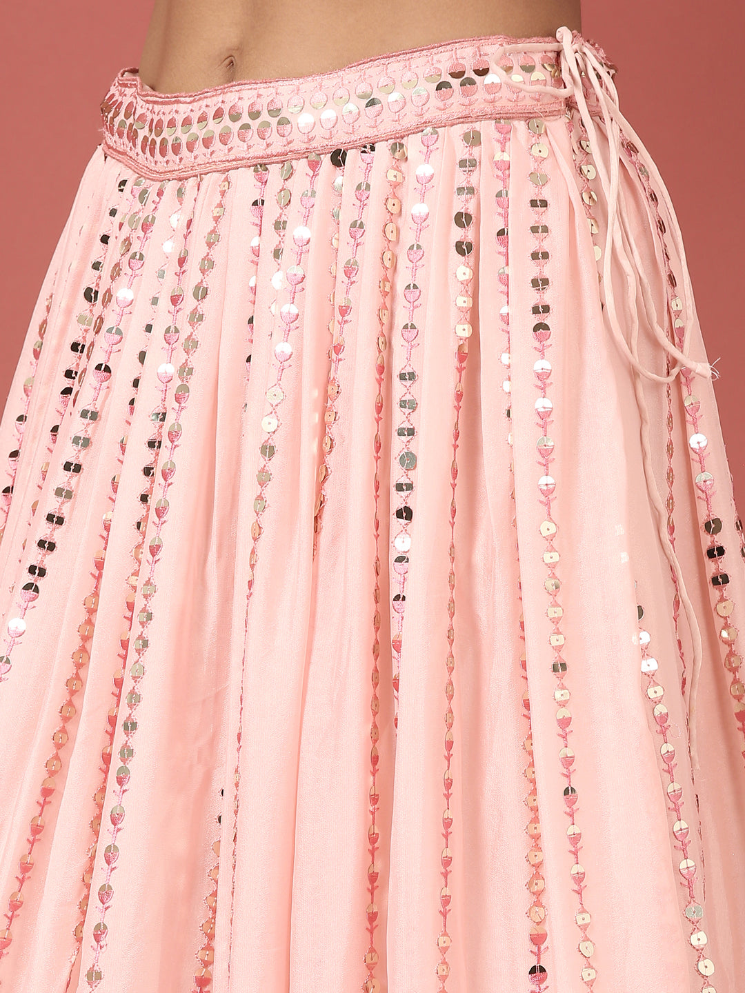 Women Peach Net Sequinse Embroidered Semi-Stitched Lehenga & Blouse with Dupatta