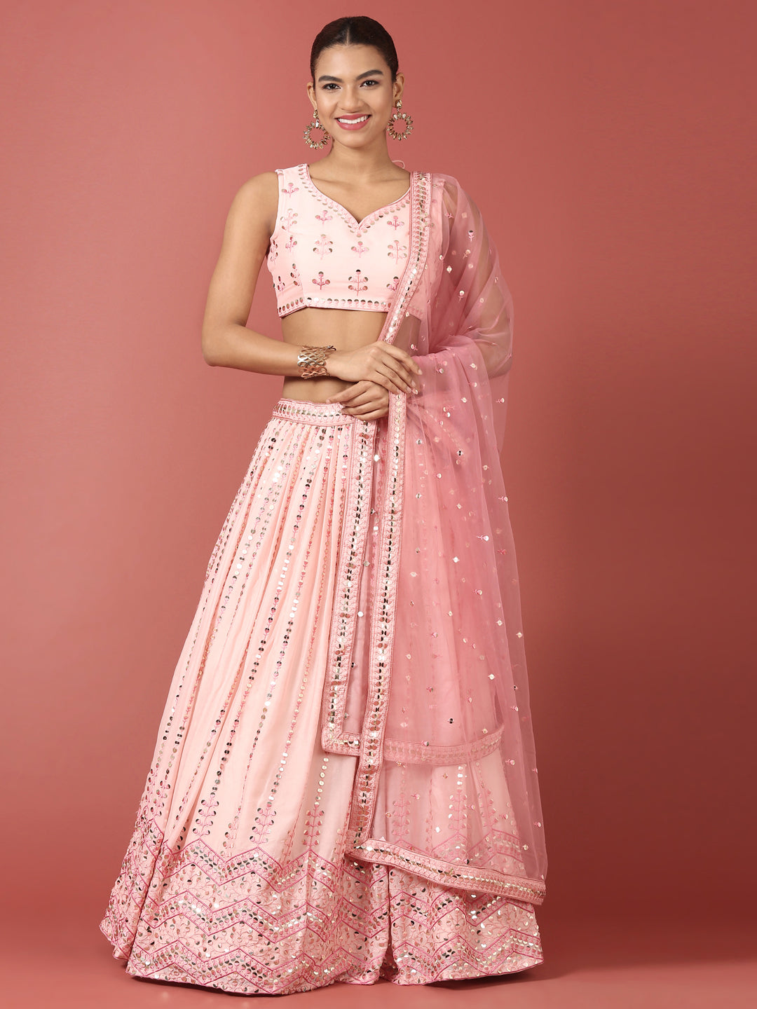 Women Peach Net Sequinse Embroidered Semi-Stitched Lehenga & Blouse with Dupatta