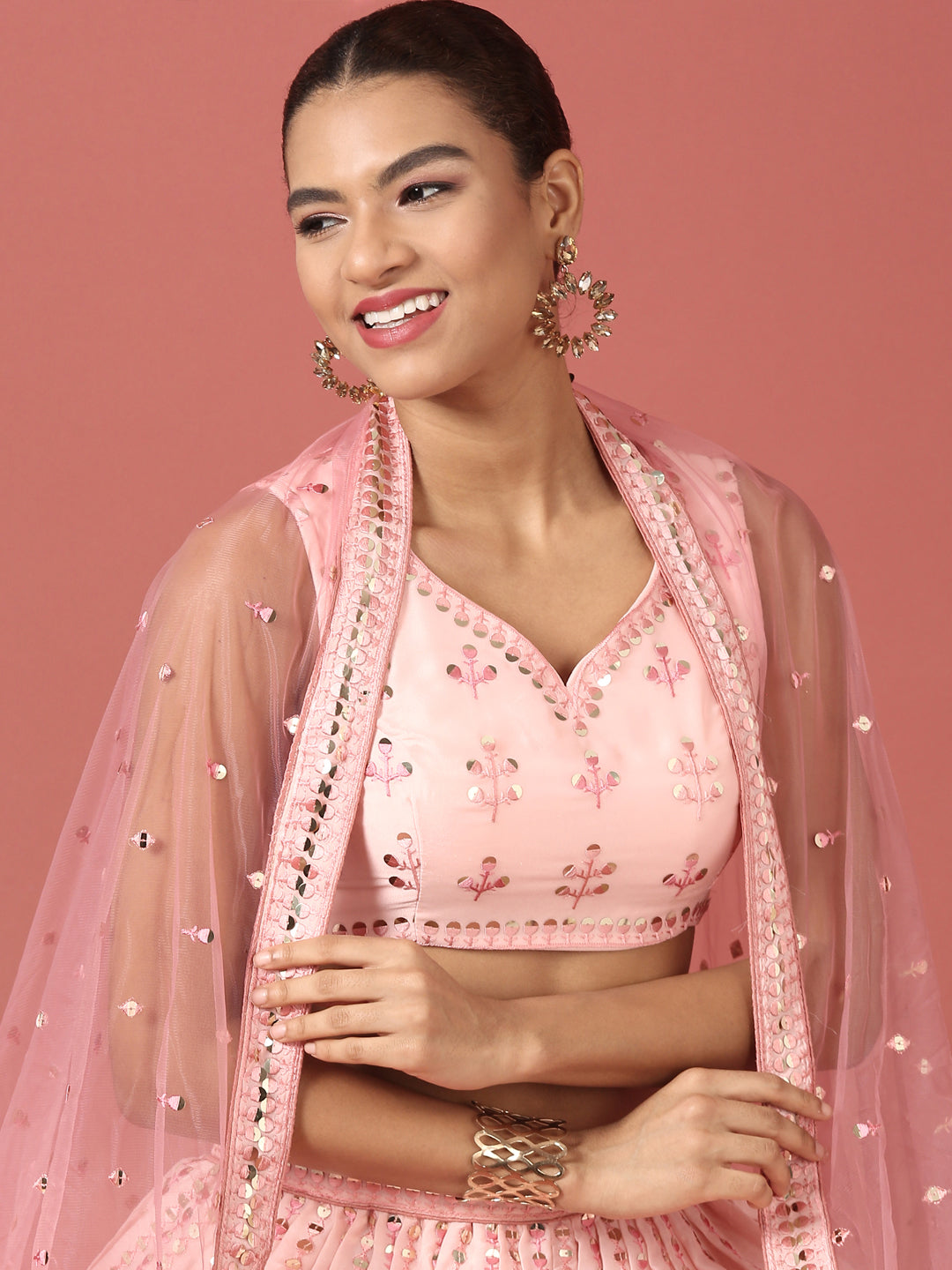 Women Peach Net Sequinse Embroidered Semi-Stitched Lehenga & Blouse with Dupatta