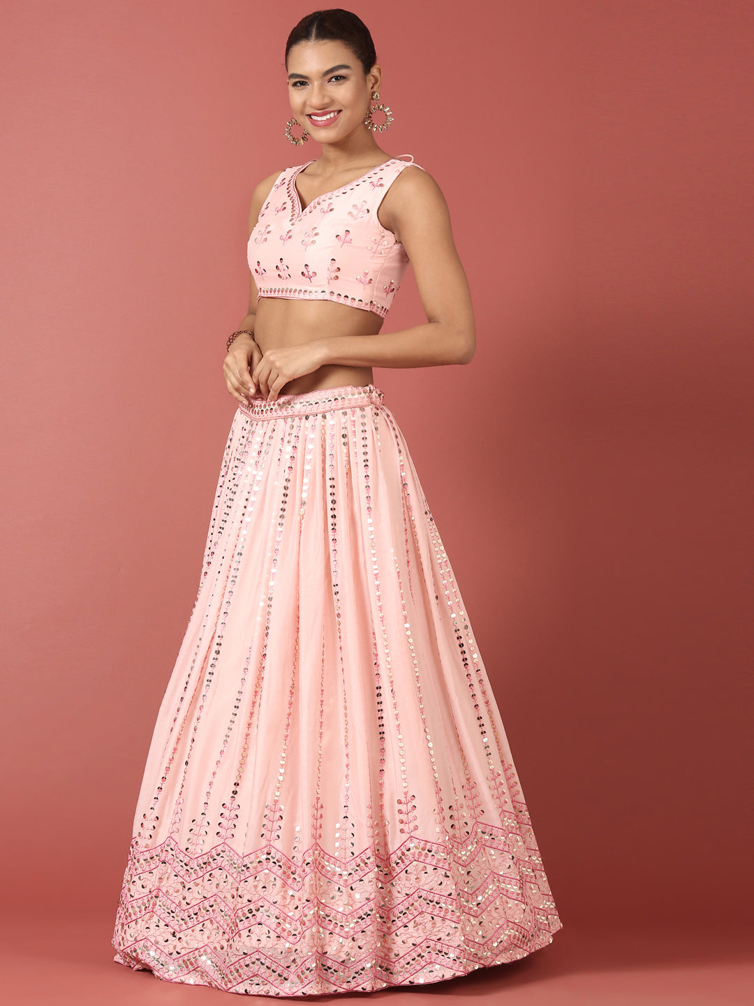 Women Peach Net Sequinse Embroidered Semi-Stitched Lehenga & Blouse with Dupatta