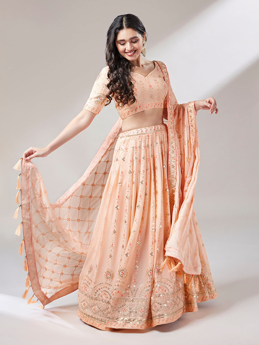 Women Peach Pure Georgette Embroidered Semi-Stitched Lehenga & Unstitched Blouse, Dupatta