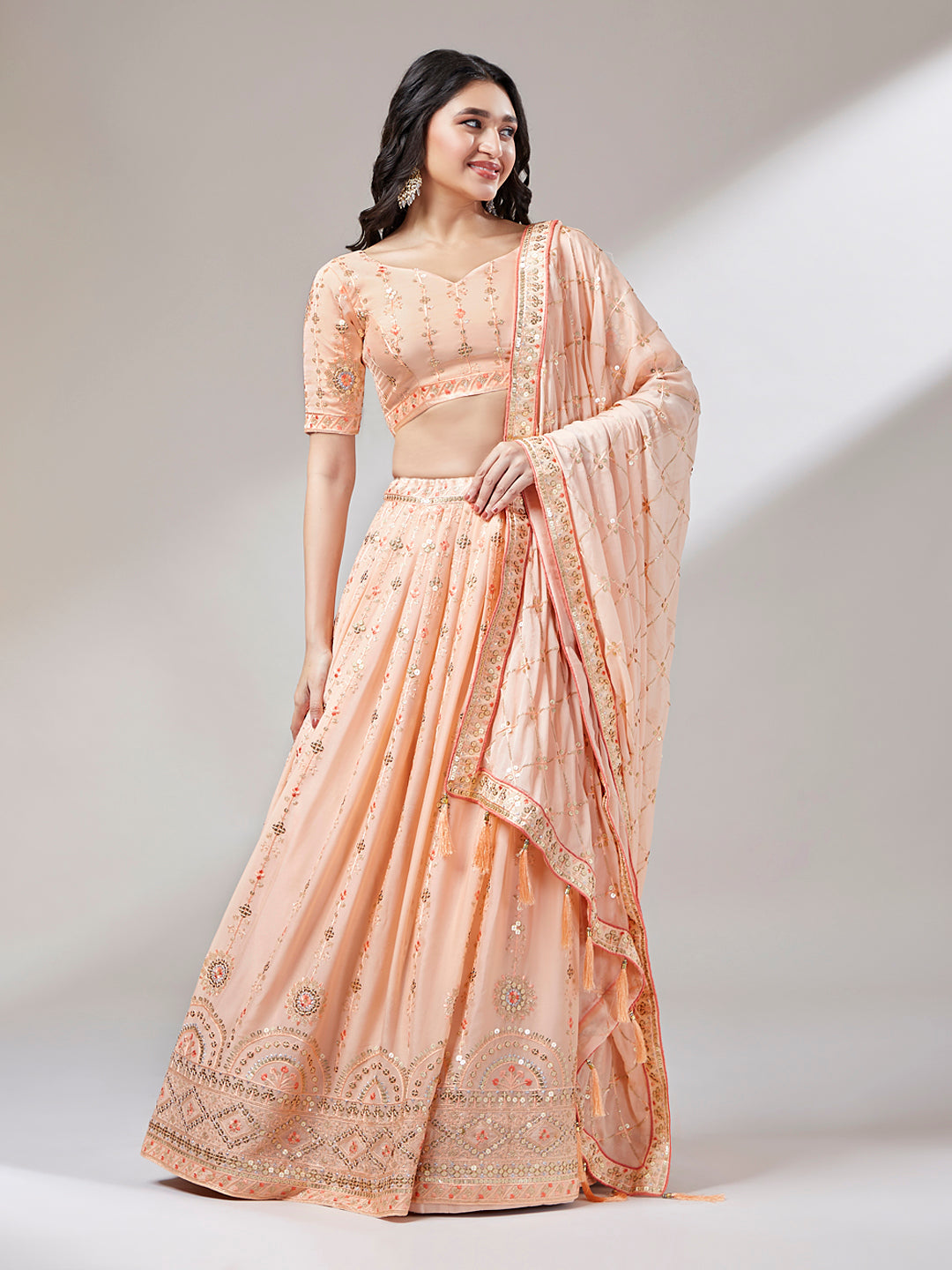 Women Peach Pure Georgette Embroidered Semi-Stitched Lehenga & Unstitched Blouse, Dupatta