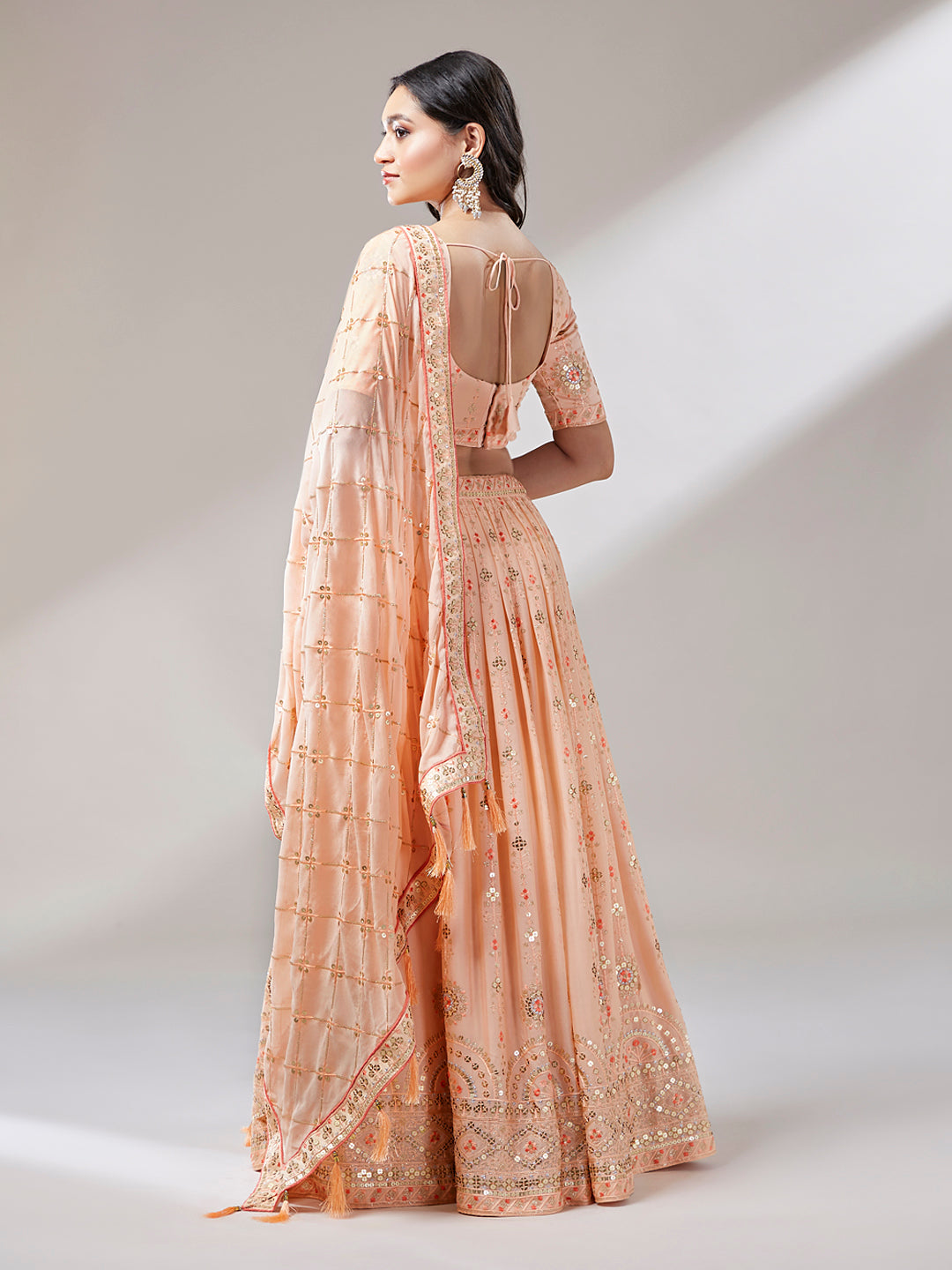 Women Peach Pure Georgette Embroidered Semi-Stitched Lehenga & Unstitched Blouse, Dupatta