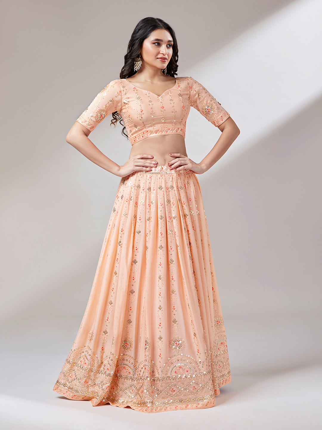 Women Peach Pure Georgette Embroidered Semi-Stitched Lehenga & Unstitched Blouse, Dupatta