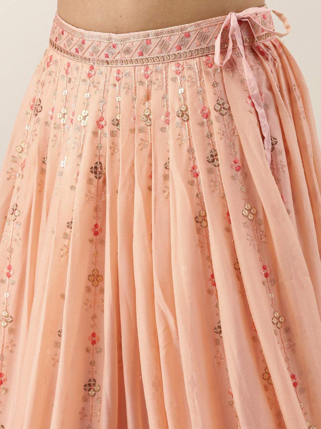 Women Peach Pure Georgette Embroidered Semi-Stitched Lehenga & Unstitched Blouse, Dupatta