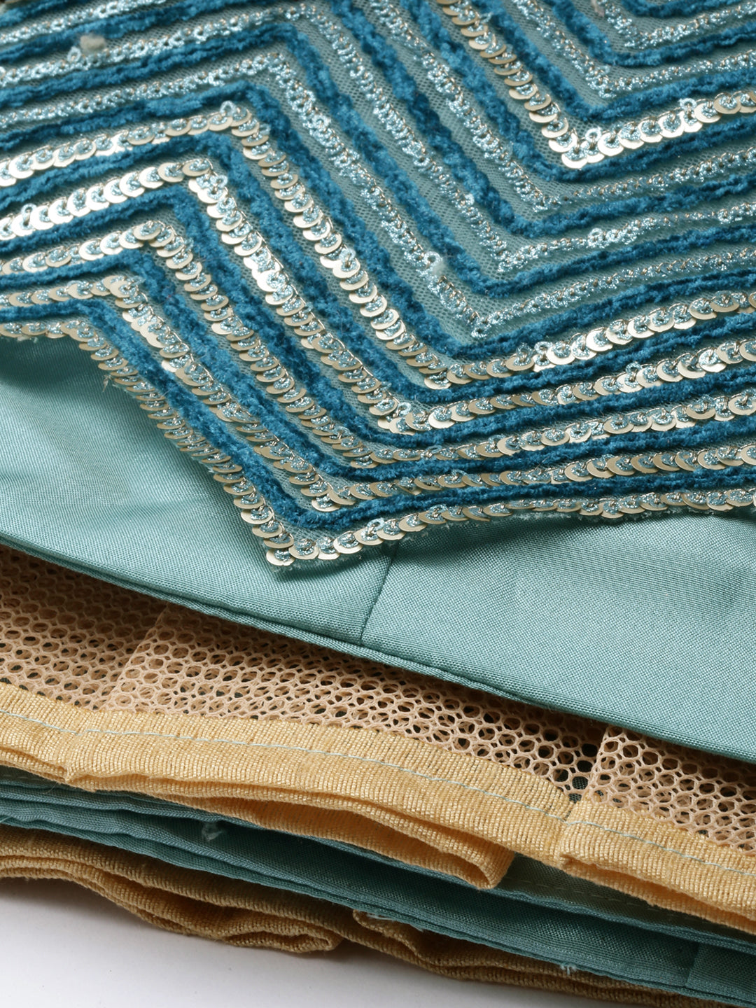 Women Sea Green Net Zig-Zag Embroidered Semi-Stitched Lehenga, Unstitched Blouse & Dupatta