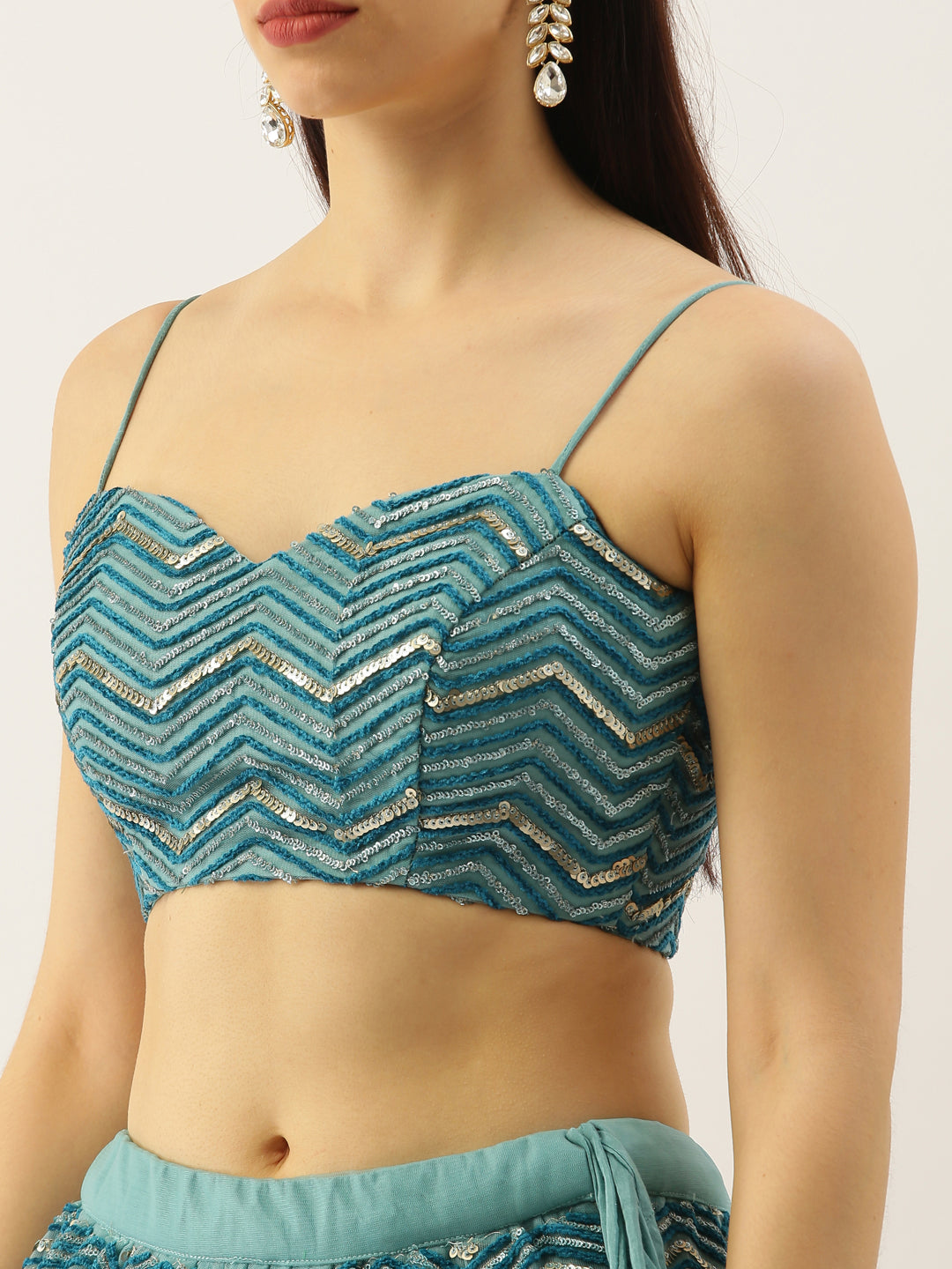 Women Sea Green Net Zig-Zag Embroidered Semi-Stitched Lehenga, Unstitched Blouse & Dupatta