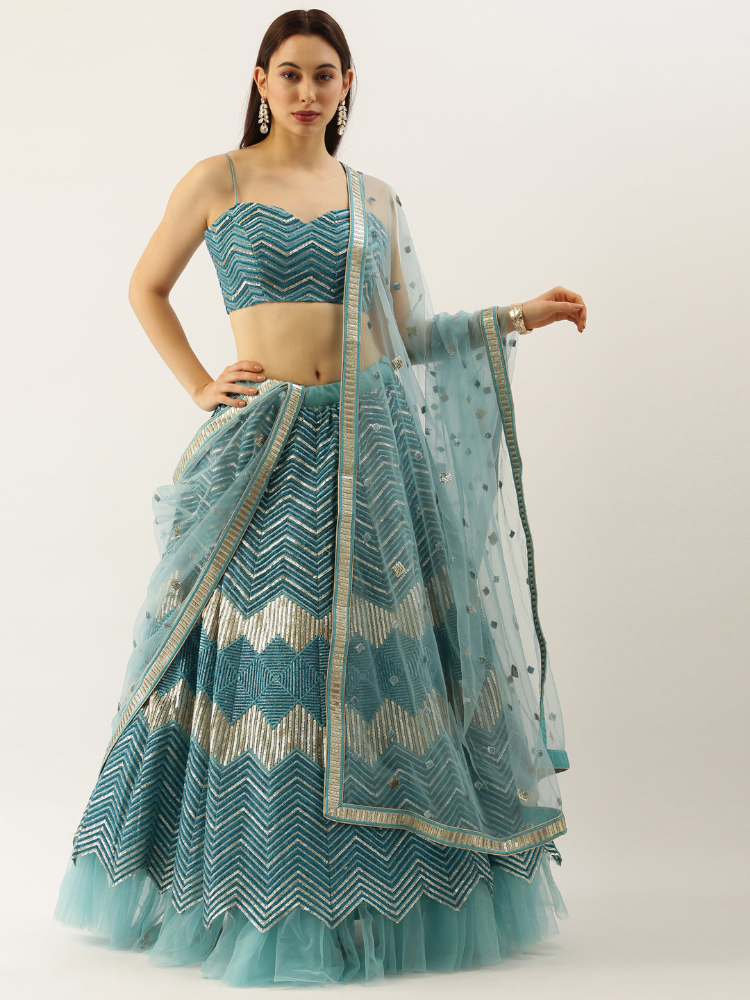 Women Sea Green Net Zig-Zag Embroidered Semi-Stitched Lehenga, Unstitched Blouse & Dupatta