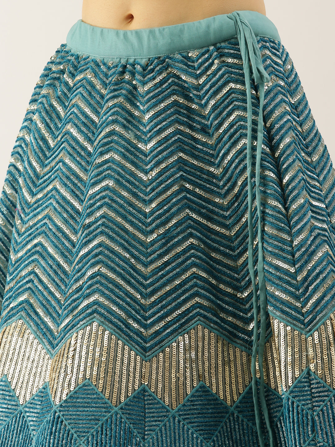 Women Sea Green Net Zig-Zag Embroidered Semi-Stitched Lehenga, Unstitched Blouse & Dupatta