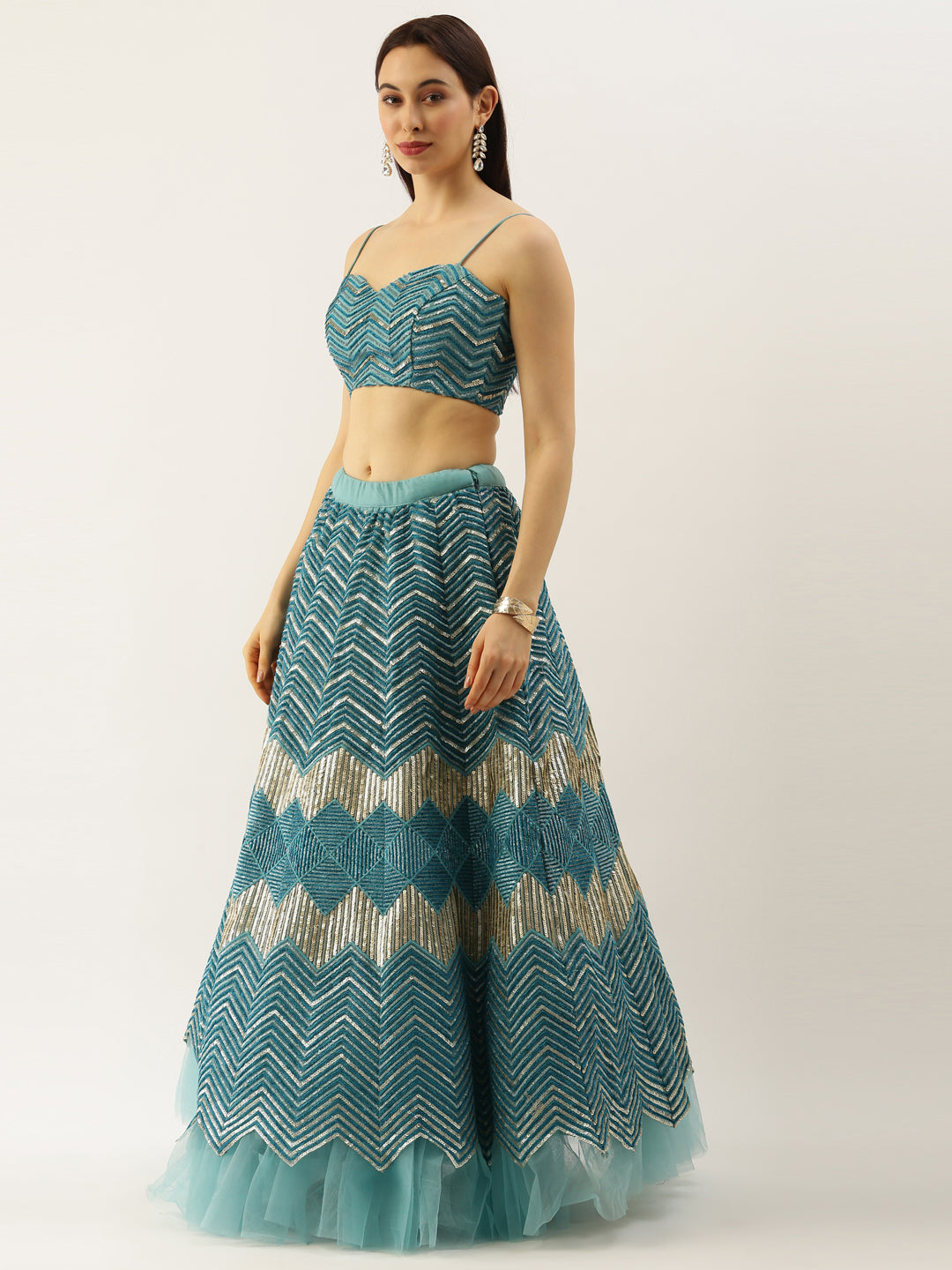 Women Sea Green Net Zig-Zag Embroidered Semi-Stitched Lehenga, Unstitched Blouse & Dupatta