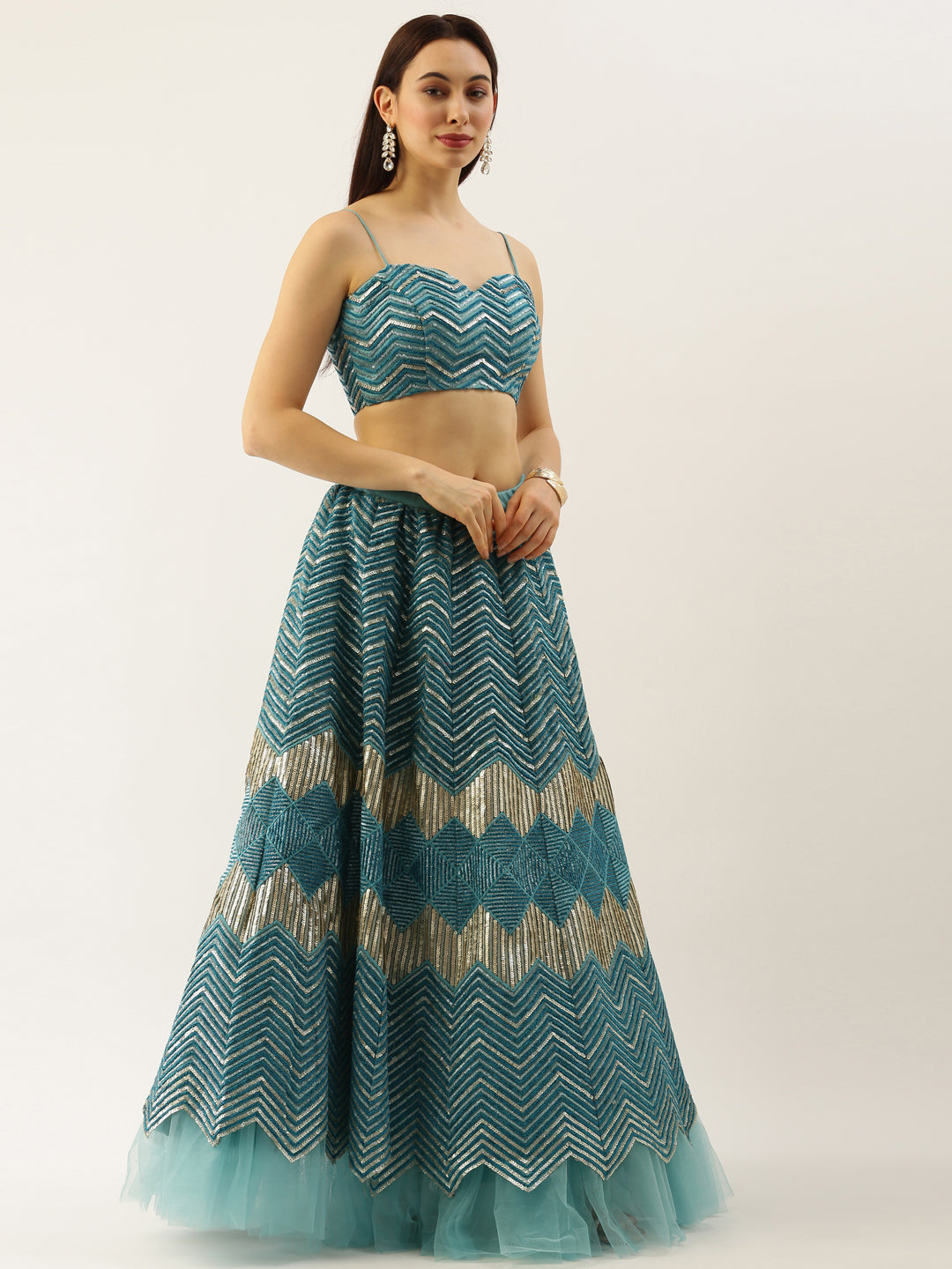 Women Sea Green Net Zig-Zag Embroidered Semi-Stitched Lehenga, Unstitched Blouse & Dupatta