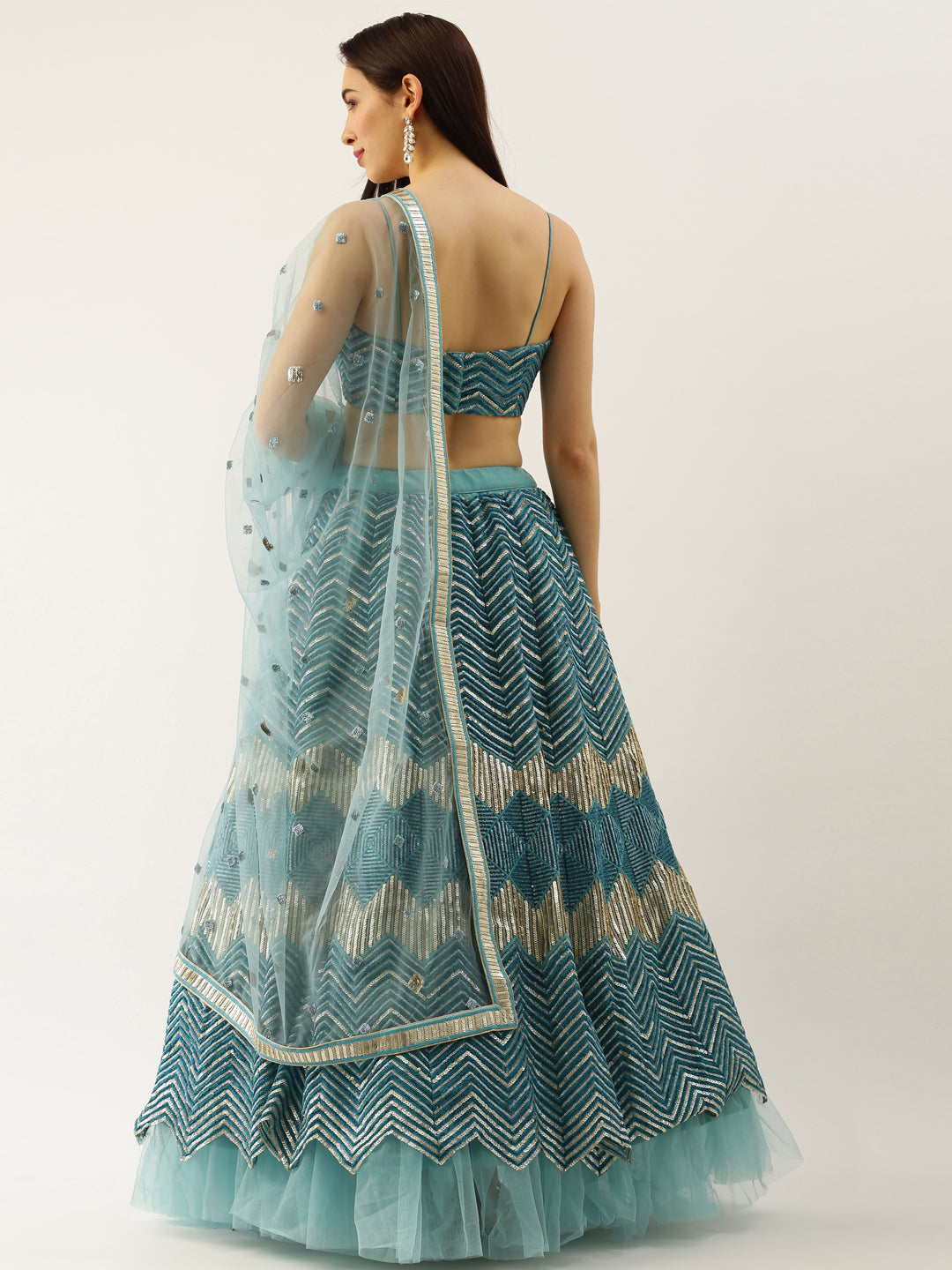 Women Sea Green Net Zig-Zag Embroidered Semi-Stitched Lehenga, Unstitched Blouse & Dupatta
