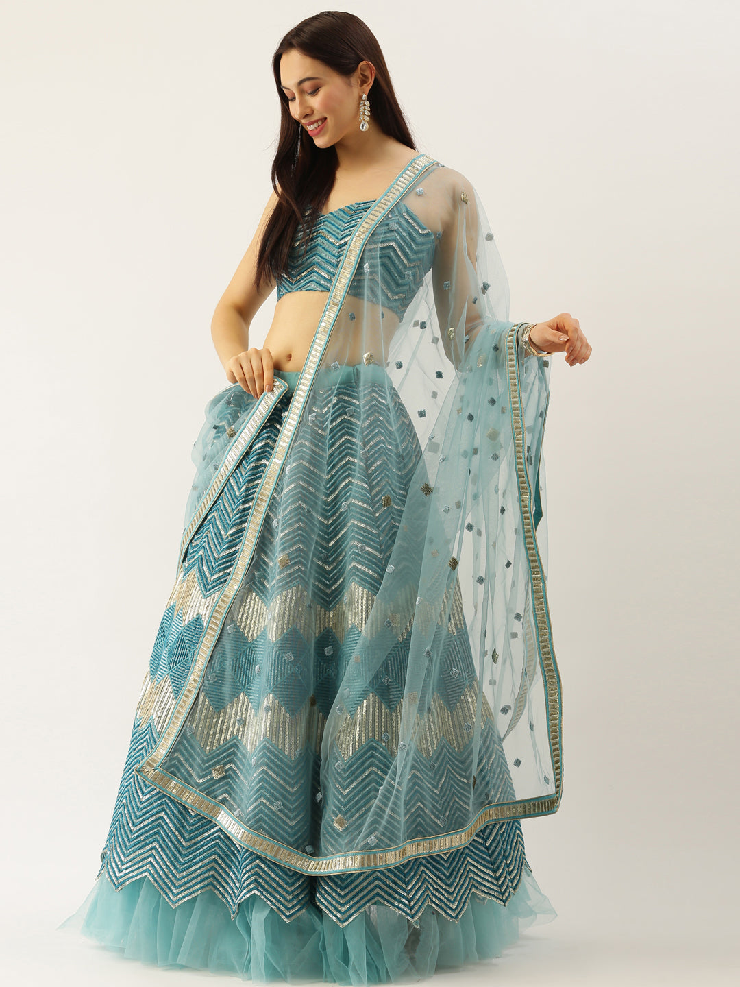 Women Sea Green Net Zig-Zag Embroidered Semi-Stitched Lehenga, Unstitched Blouse & Dupatta