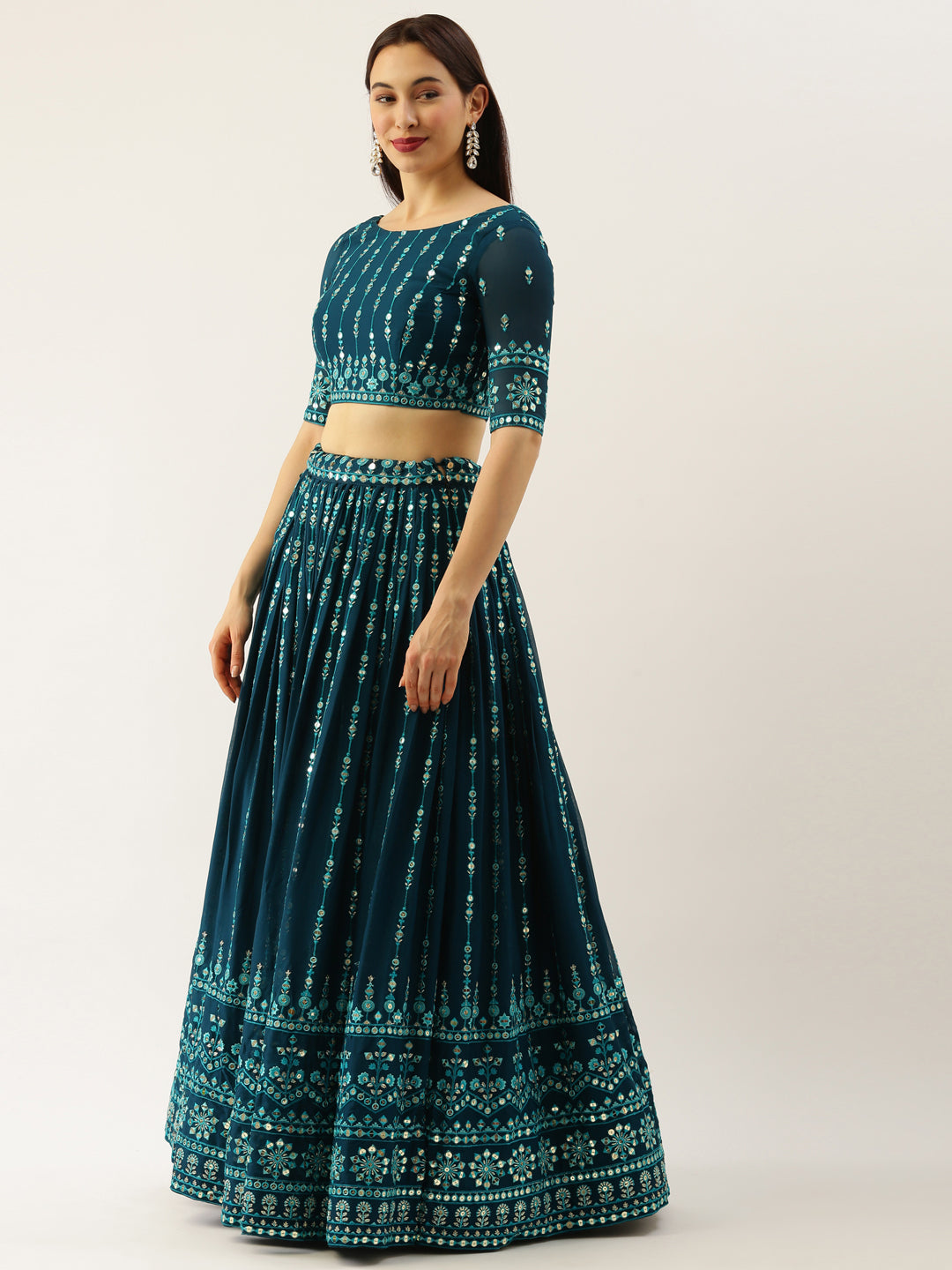 Women Teal Georgette Sequins Work Semi-Stitched Lehenga & Unstitched Blouse with Dupatta
