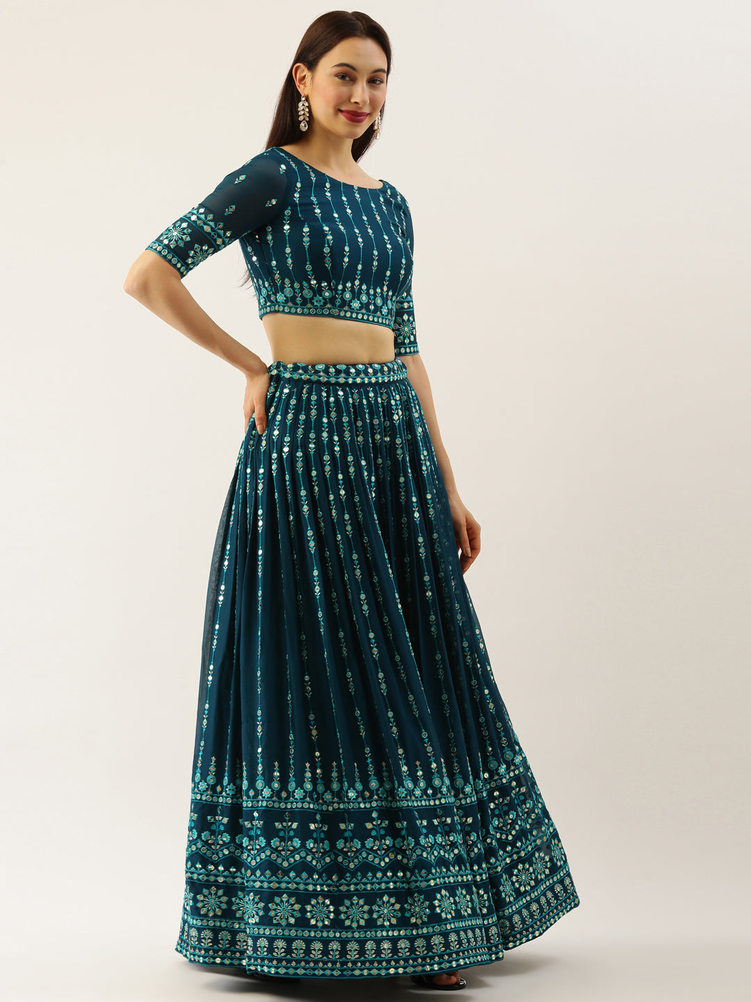 Women Teal Georgette Sequins Work Semi-Stitched Lehenga & Unstitched Blouse with Dupatta