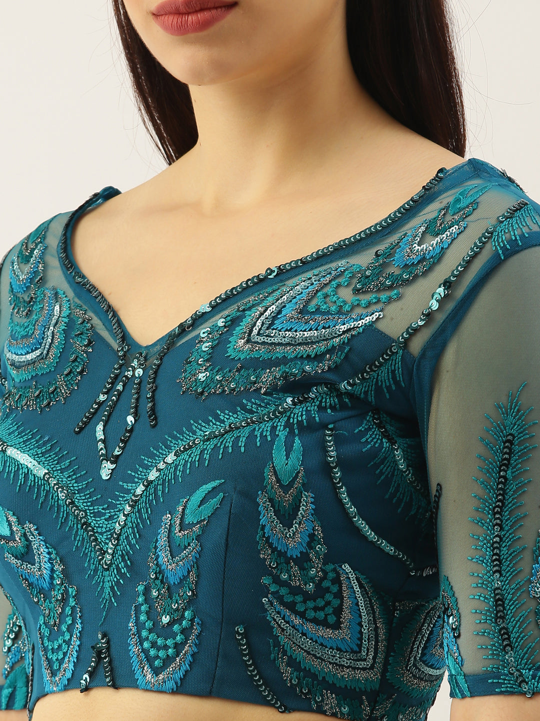 Women Teal Net Embroidered Sequins Semi-Stitched Lehenga & Unstitched Blouse with Dupatta
