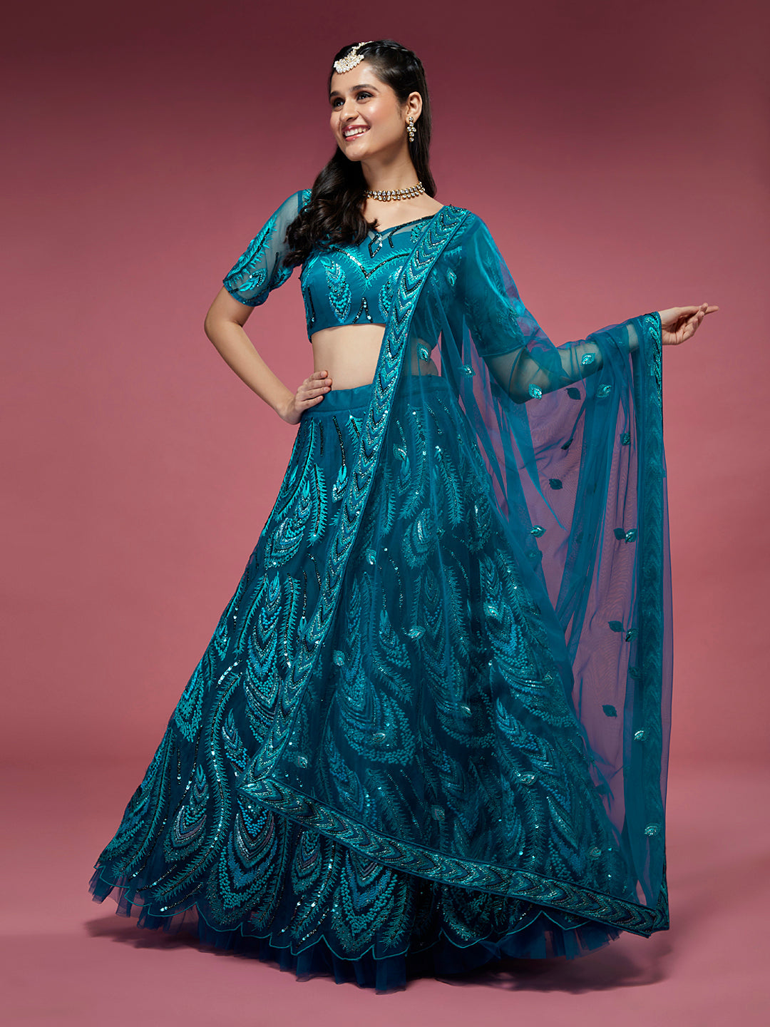 Women Teal Net Embroidered Sequins Semi-Stitched Lehenga & Unstitched Blouse with Dupatta