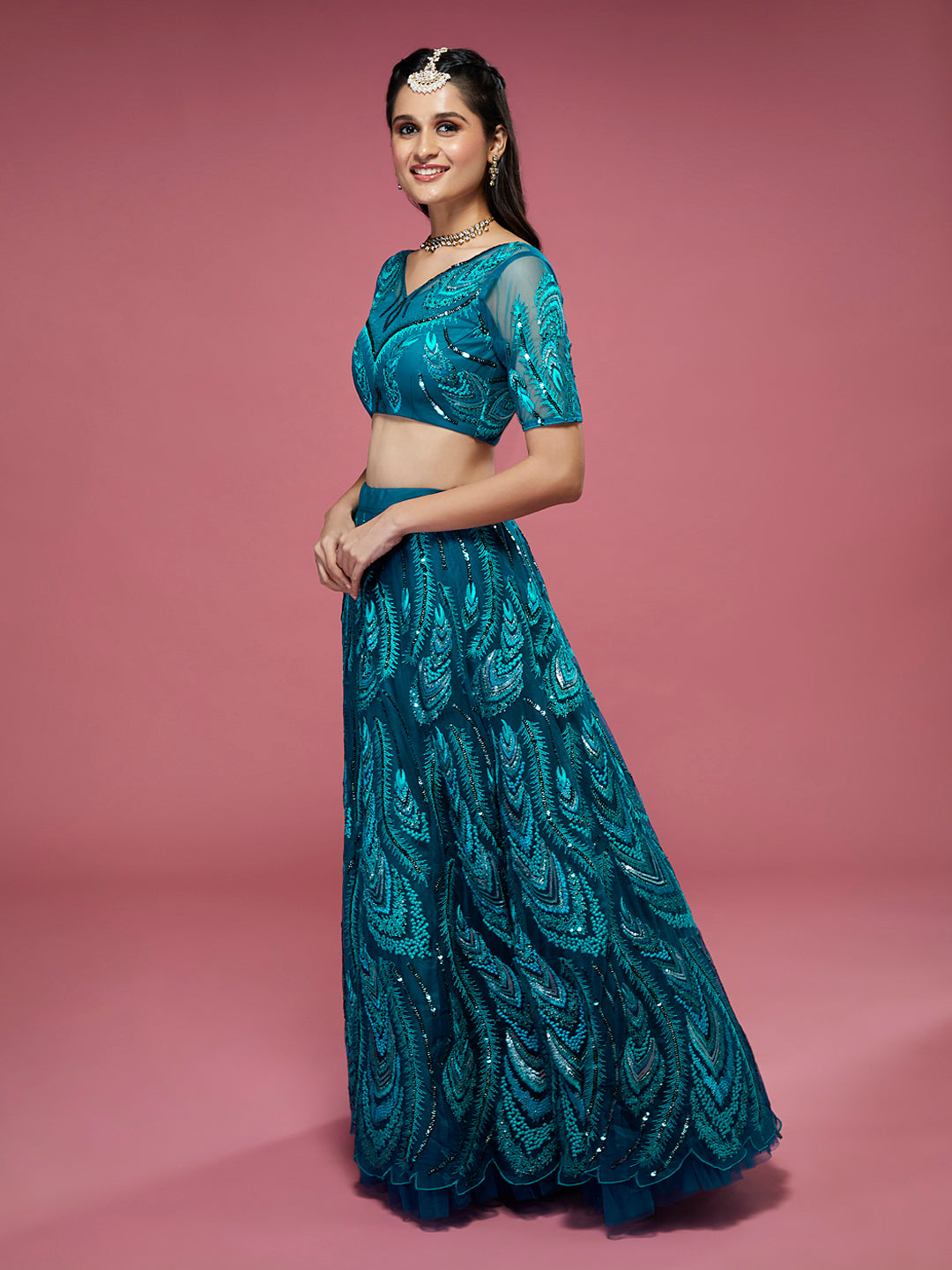 Women Teal Net Embroidered Sequins Semi-Stitched Lehenga & Unstitched Blouse with Dupatta