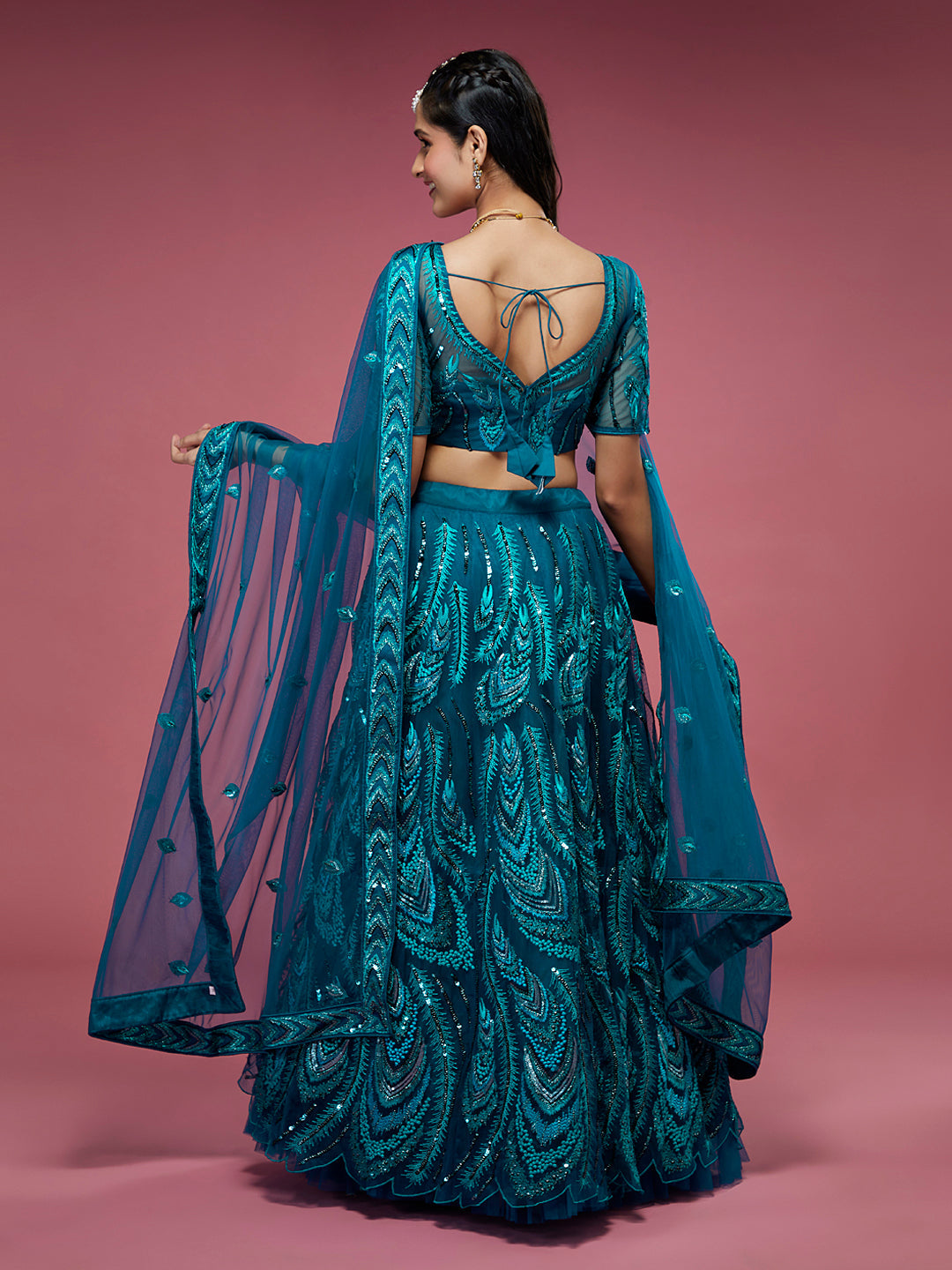 Women Teal Net Embroidered Sequins Semi-Stitched Lehenga & Unstitched Blouse with Dupatta