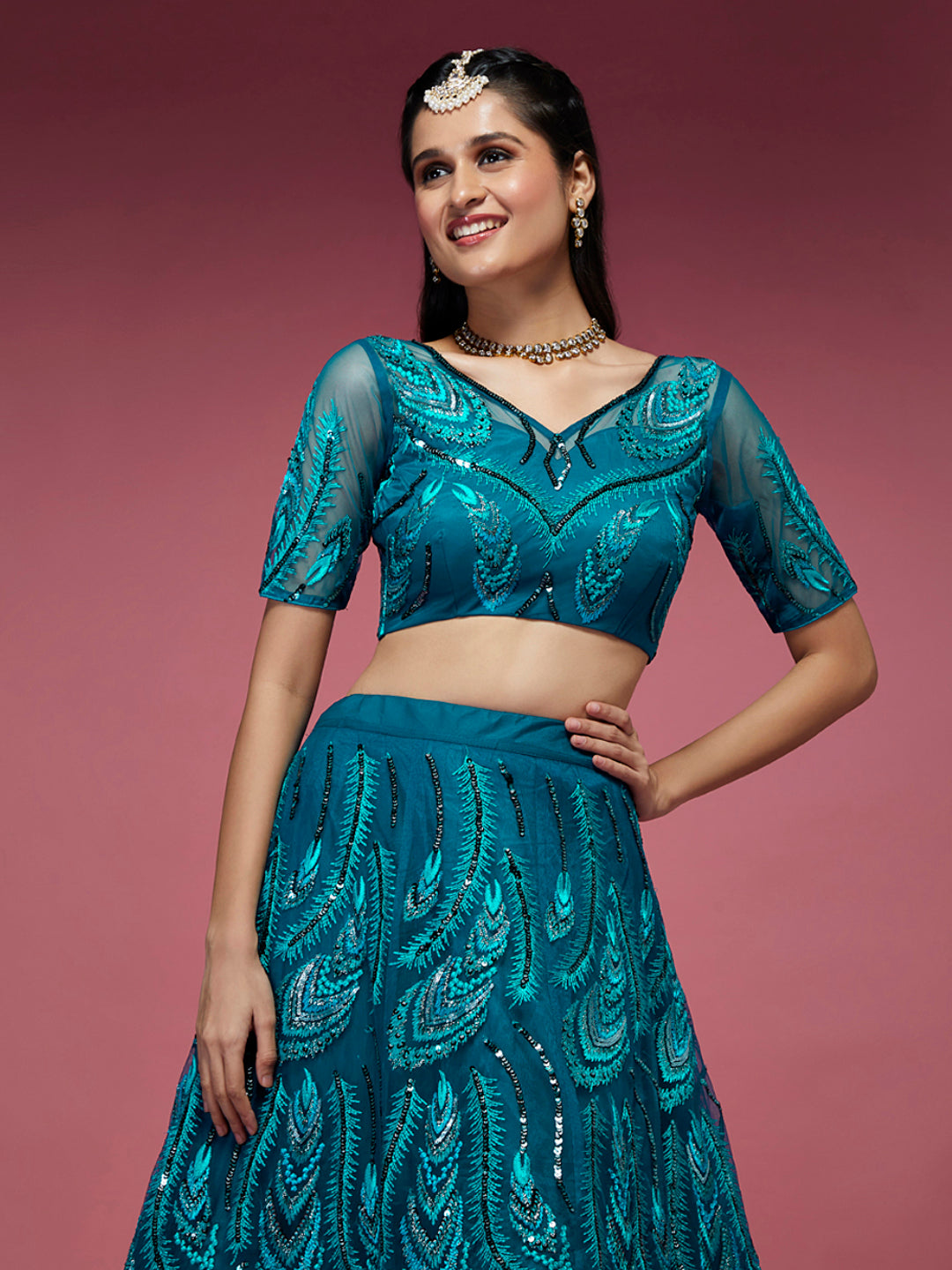 Women Teal Net Embroidered Sequins Semi-Stitched Lehenga & Unstitched Blouse with Dupatta