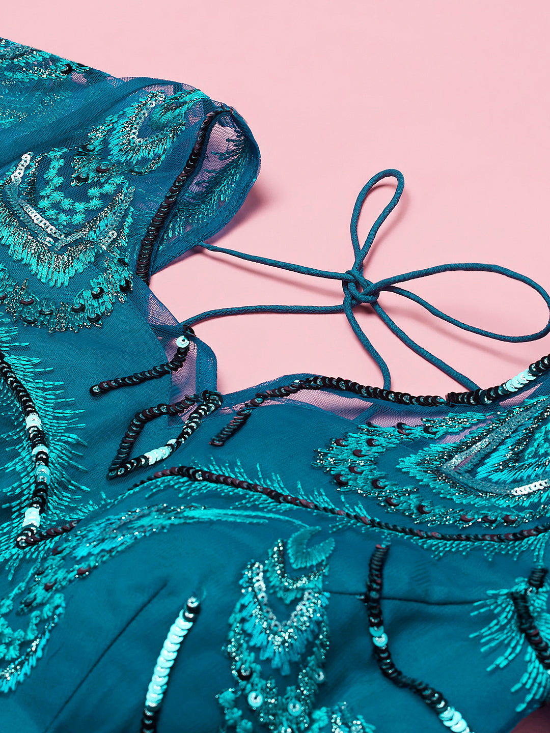 Women Teal Net Embroidered Sequins Semi-Stitched Lehenga & Unstitched Blouse with Dupatta