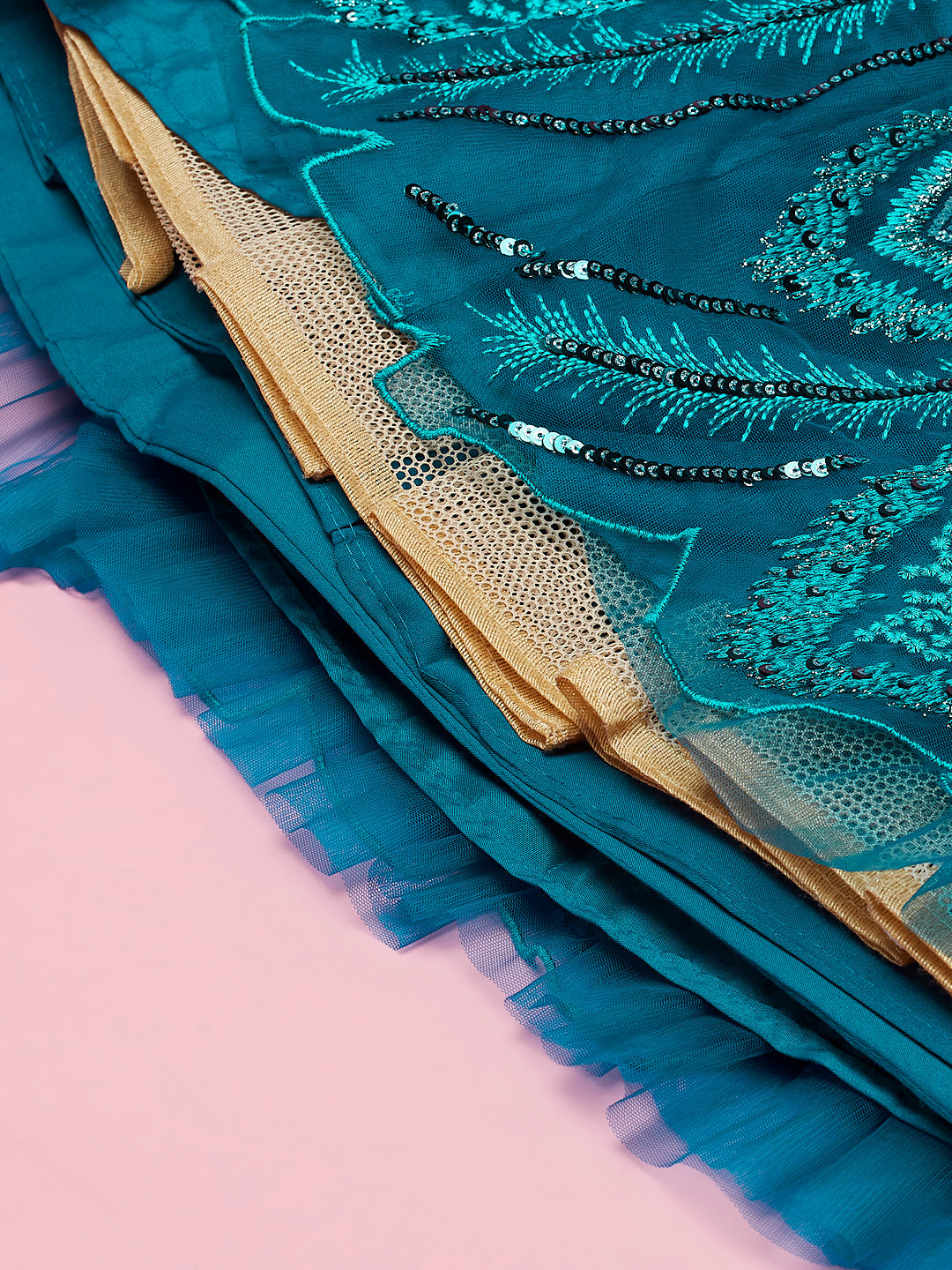 Women Teal Net Embroidered Sequins Semi-Stitched Lehenga & Unstitched Blouse with Dupatta