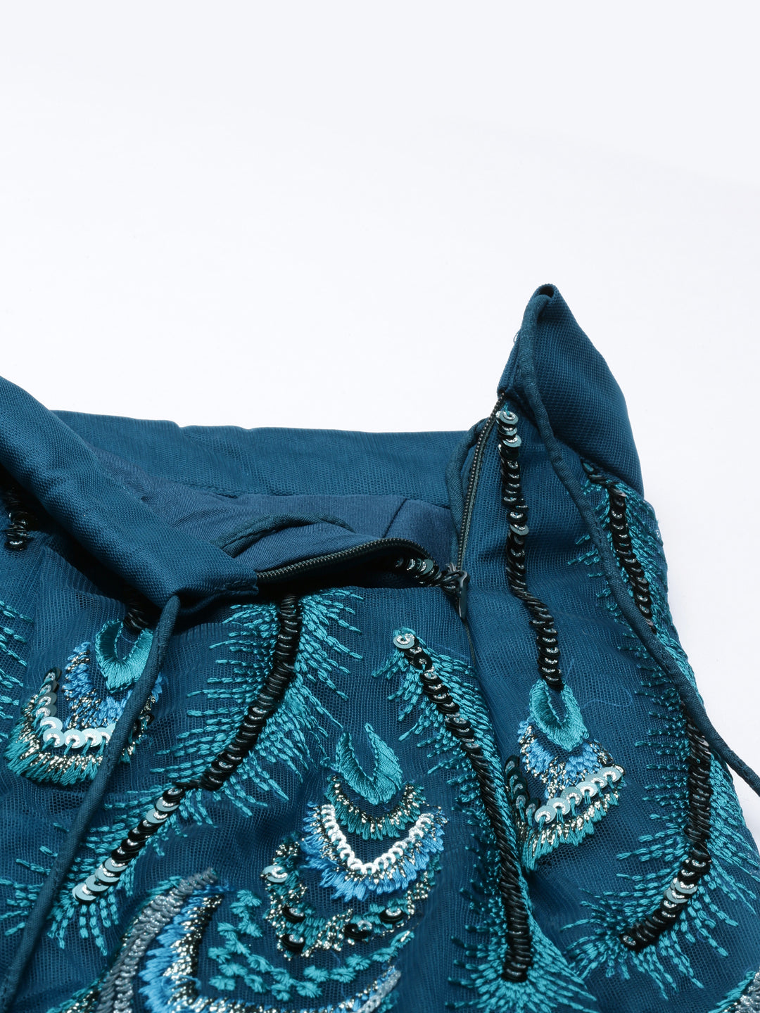 Women Teal Net Embroidered Sequins Semi-Stitched Lehenga & Unstitched Blouse with Dupatta